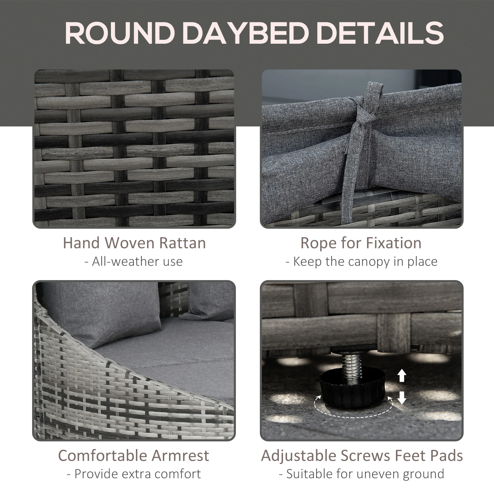 4 Pieces PE Wicker Round Daybed, Outdoor Rattan Garden Lounge Furniture Sets, Grey - Image 8