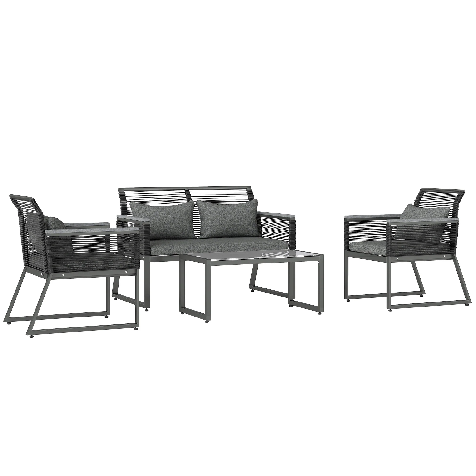 4 Piece Rattan Garden Furniture Set with Cushions & Glass Top Table, Charcoal Grey