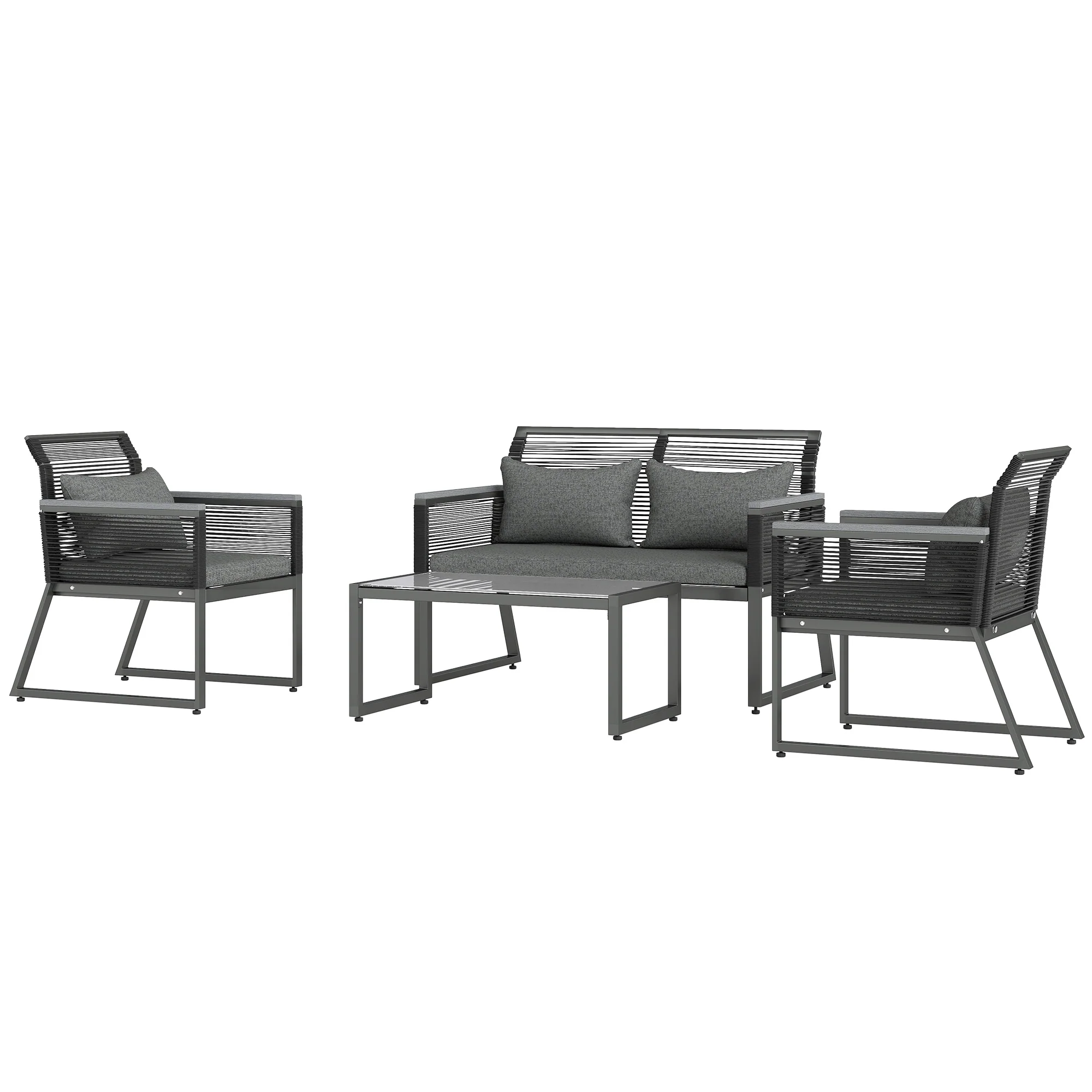 4 Piece Rattan Garden Furniture Set with Cushions & Glass Top Table, Charcoal Grey - Image 2