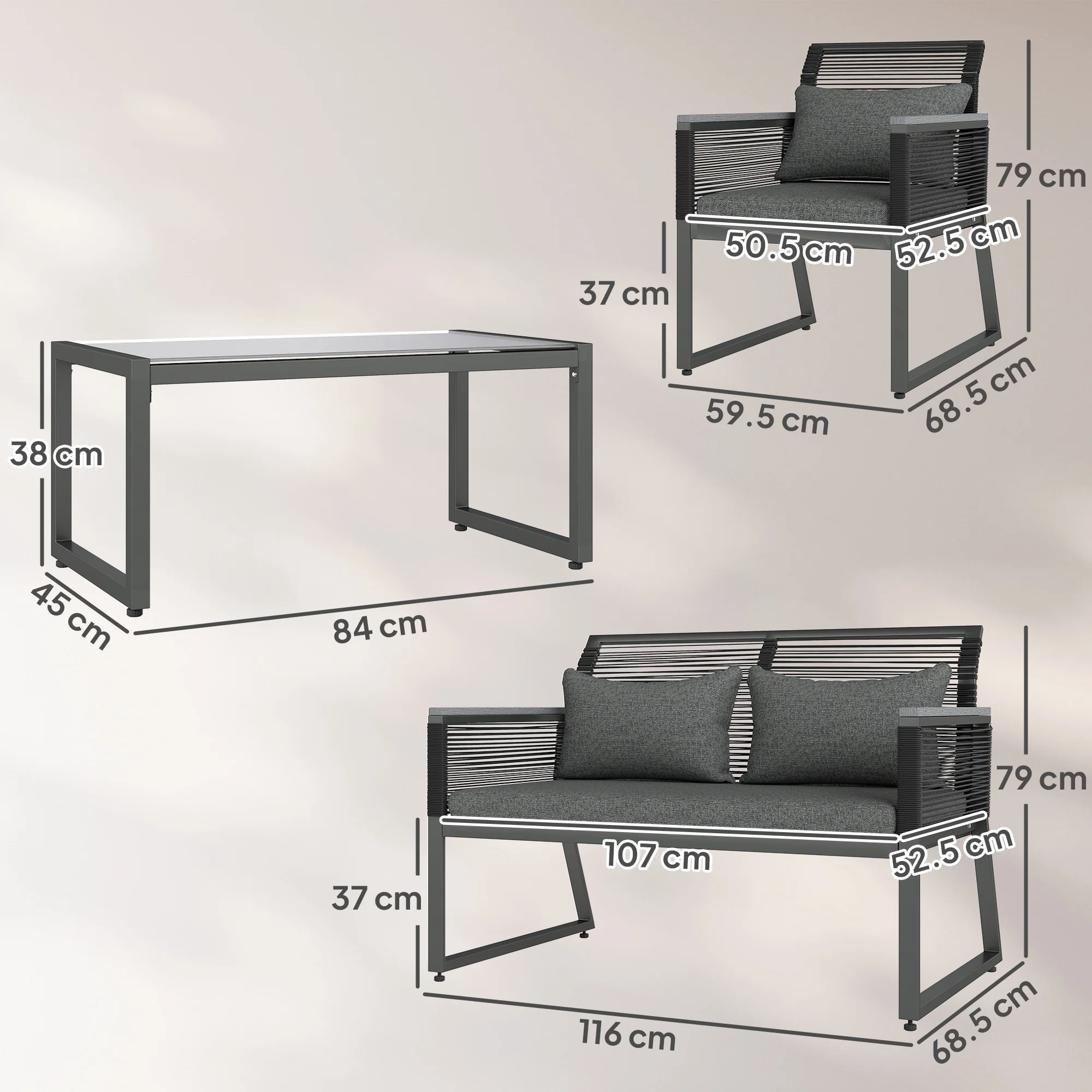 4 Piece Rattan Garden Furniture Set with Cushions & Glass Top Table, Charcoal Grey - Image 5