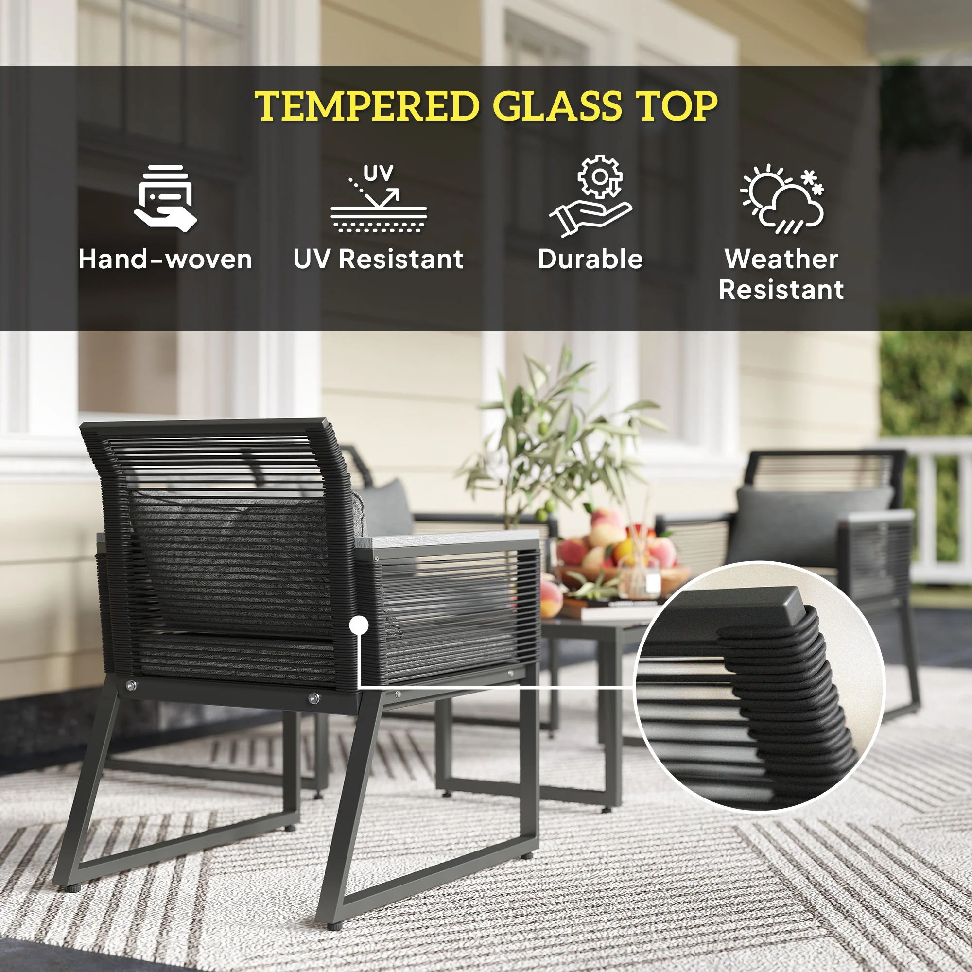 4 Piece Rattan Garden Furniture Set with Cushions & Glass Top Table, Charcoal Grey - Image 6