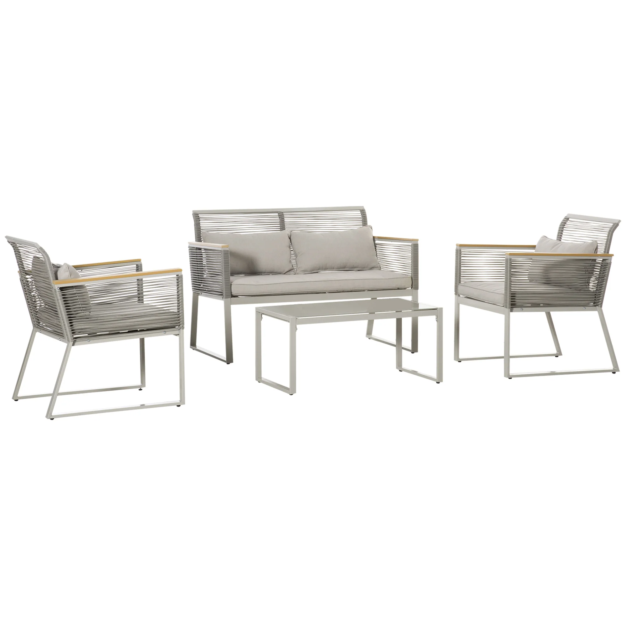 4 Piece Rattan Garden Furniture Set with Cushions & Glass Top Table, Grey