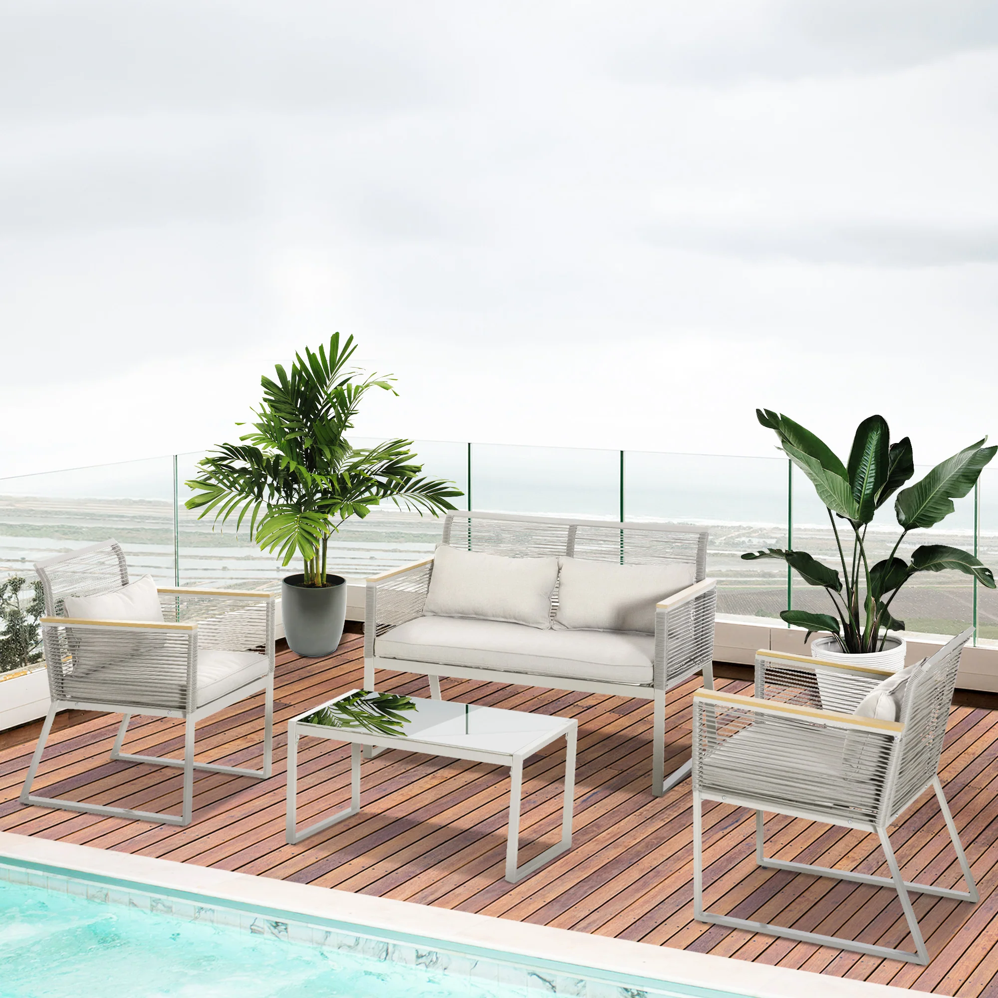 4 Piece Rattan Garden Furniture Set with Cushions & Glass Top Table, Grey - Image 3