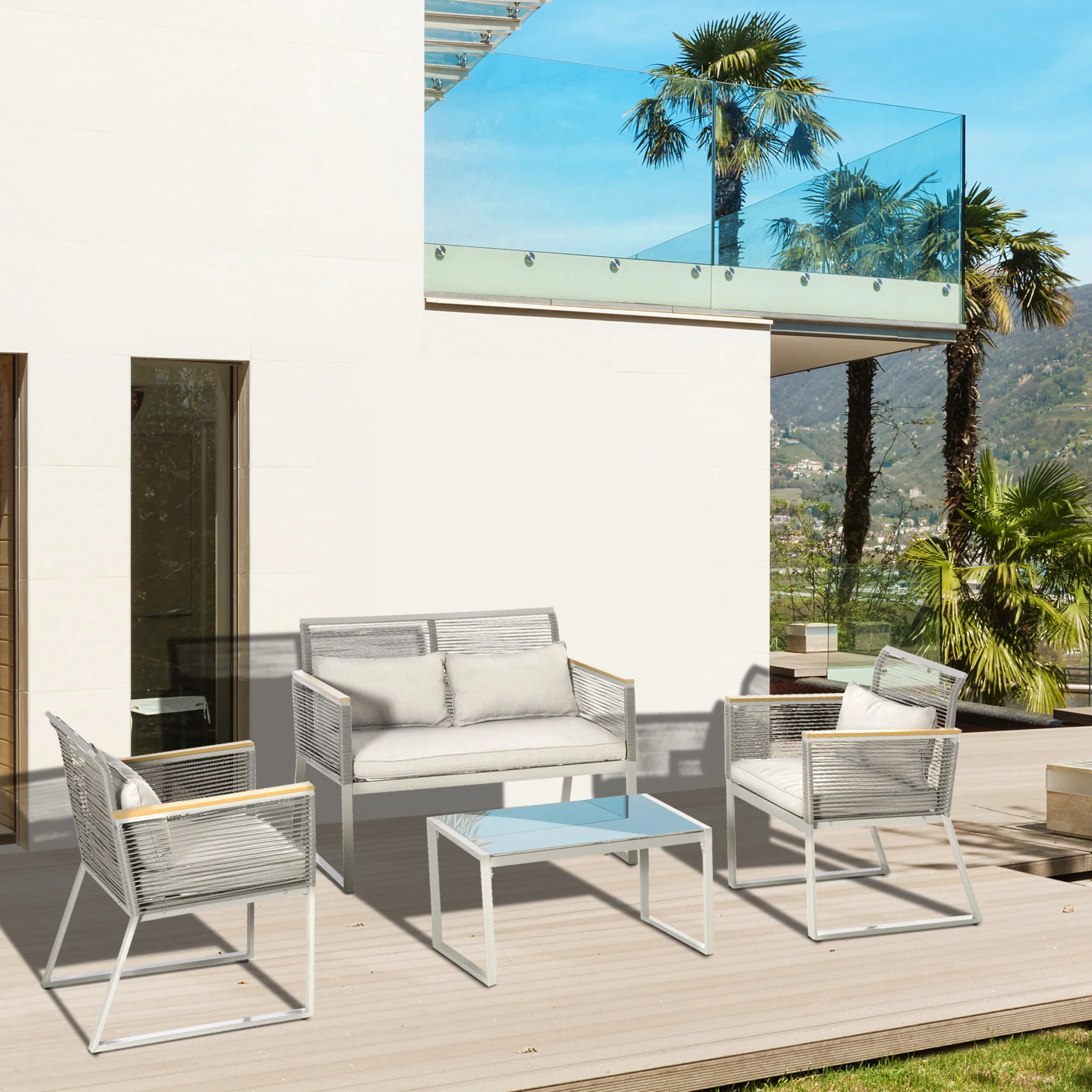 4 Piece Rattan Garden Furniture Set with Cushions & Glass Top Table, Grey - Image 4