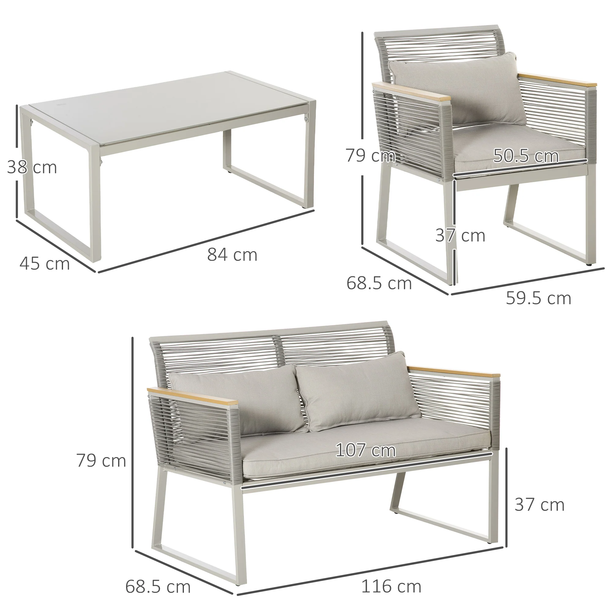 4 Piece Rattan Garden Furniture Set with Cushions & Glass Top Table, Grey - Image 5