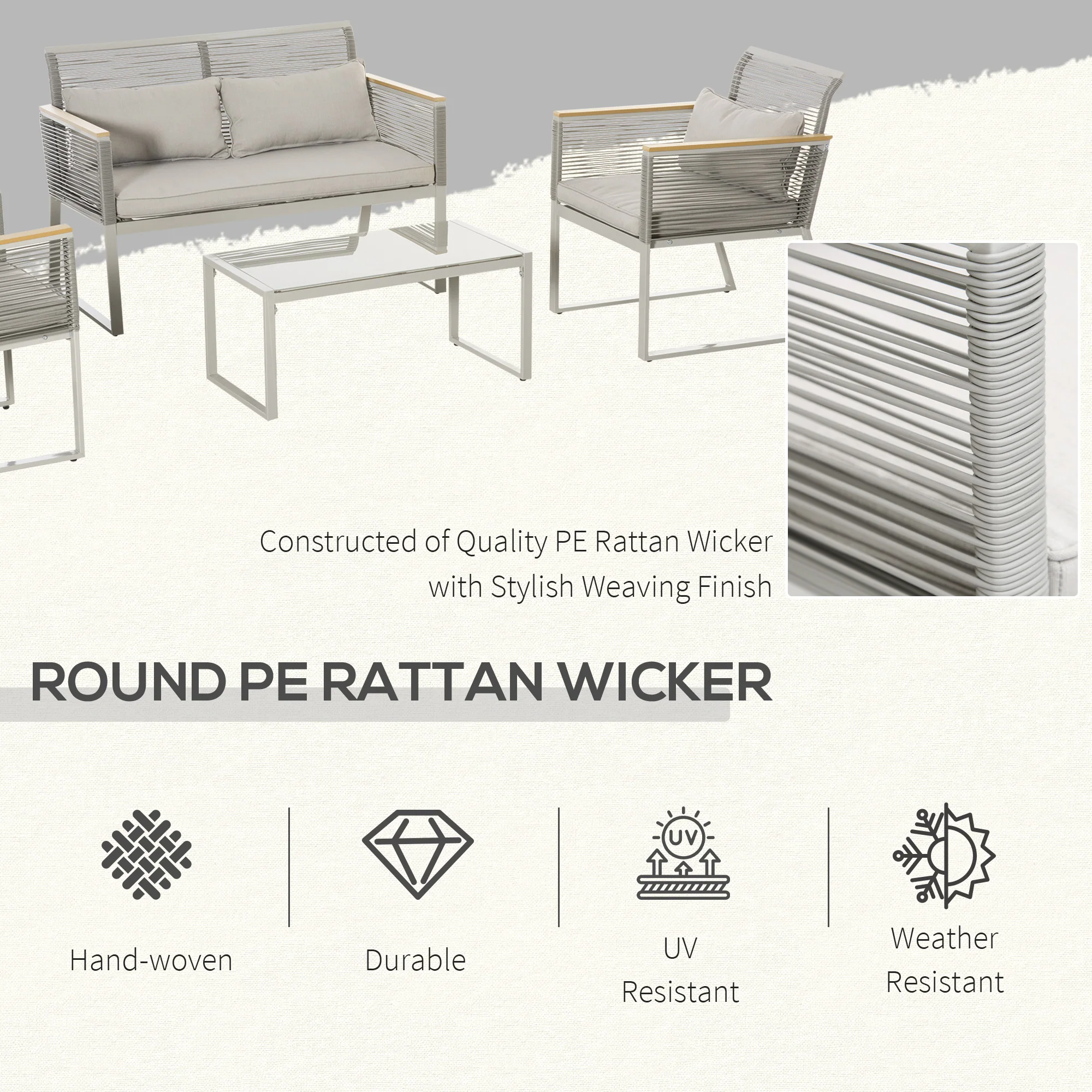 4 Piece Rattan Garden Furniture Set with Cushions & Glass Top Table, Grey - Image 6
