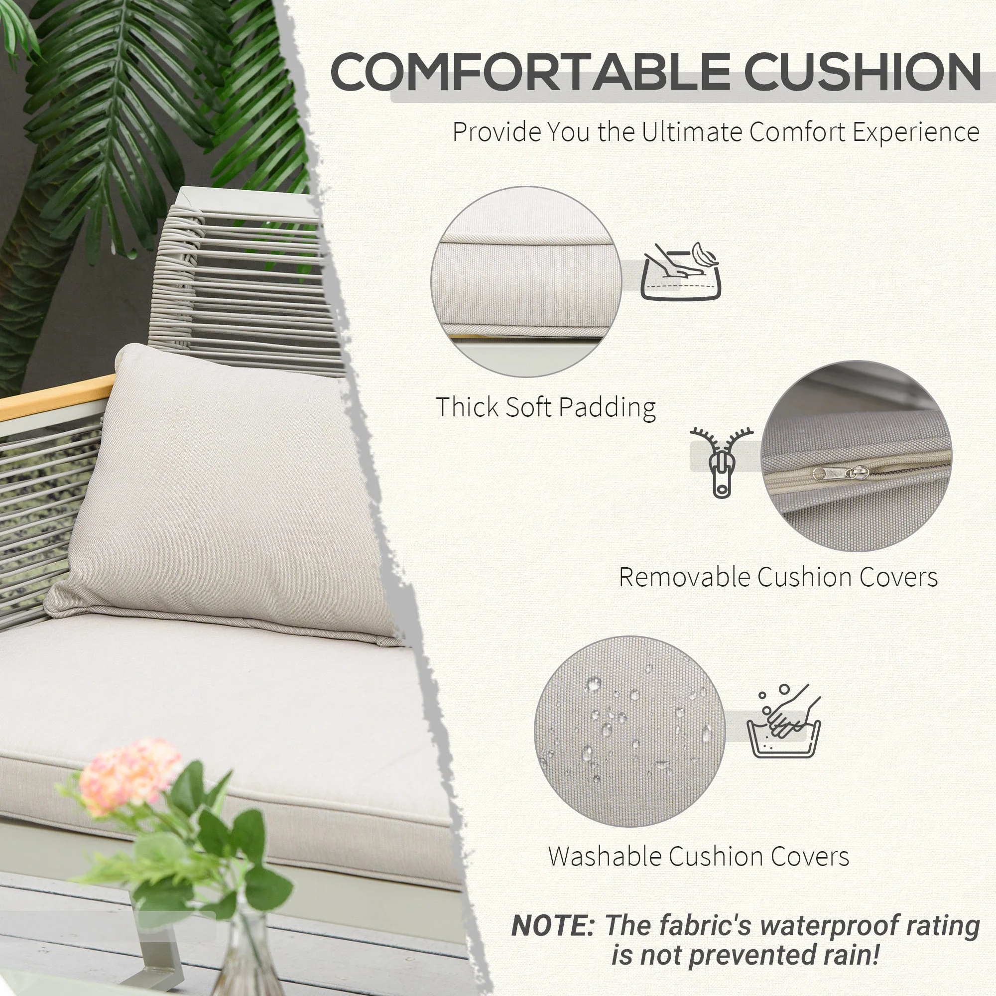 4 Piece Rattan Garden Furniture Set with Cushions & Glass Top Table, Grey - Image 7