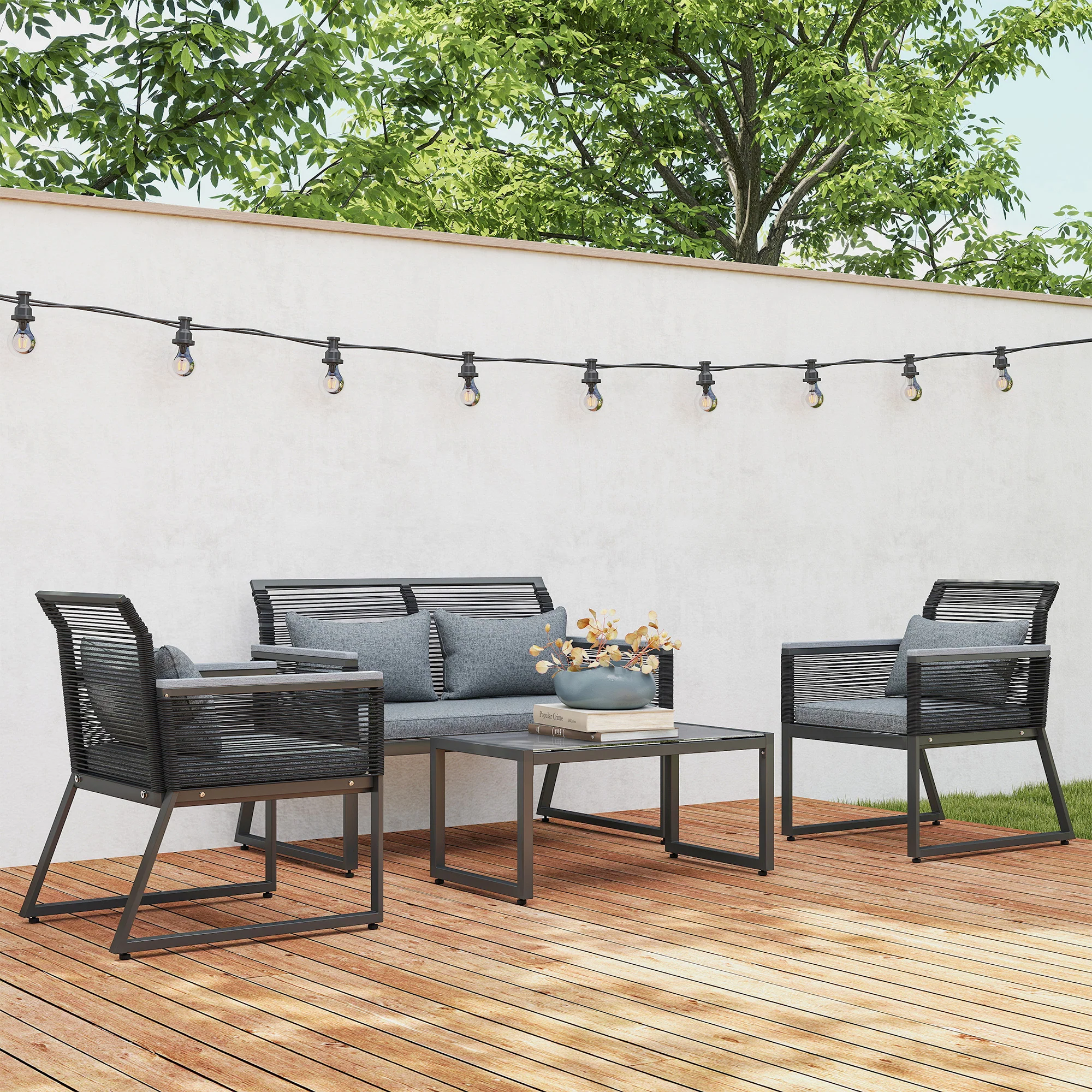 4 Piece Rattan Garden Furniture Set with Cushions & Glass Top Table, Charcoal Grey - Image 9