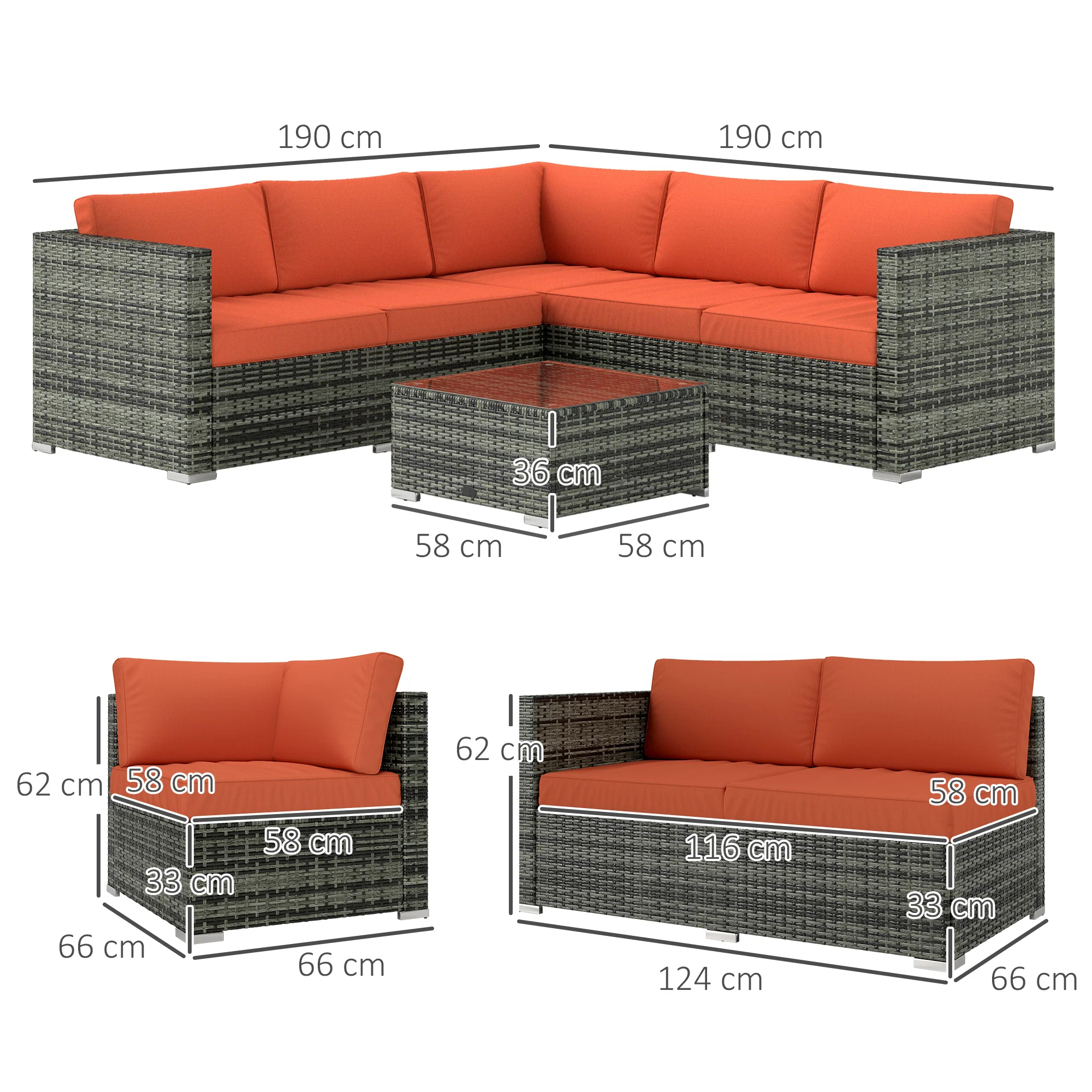 4 Pieces Rattan Garden Corner Sofa Set with Coffee Table & Cushions, Orange - Image 5