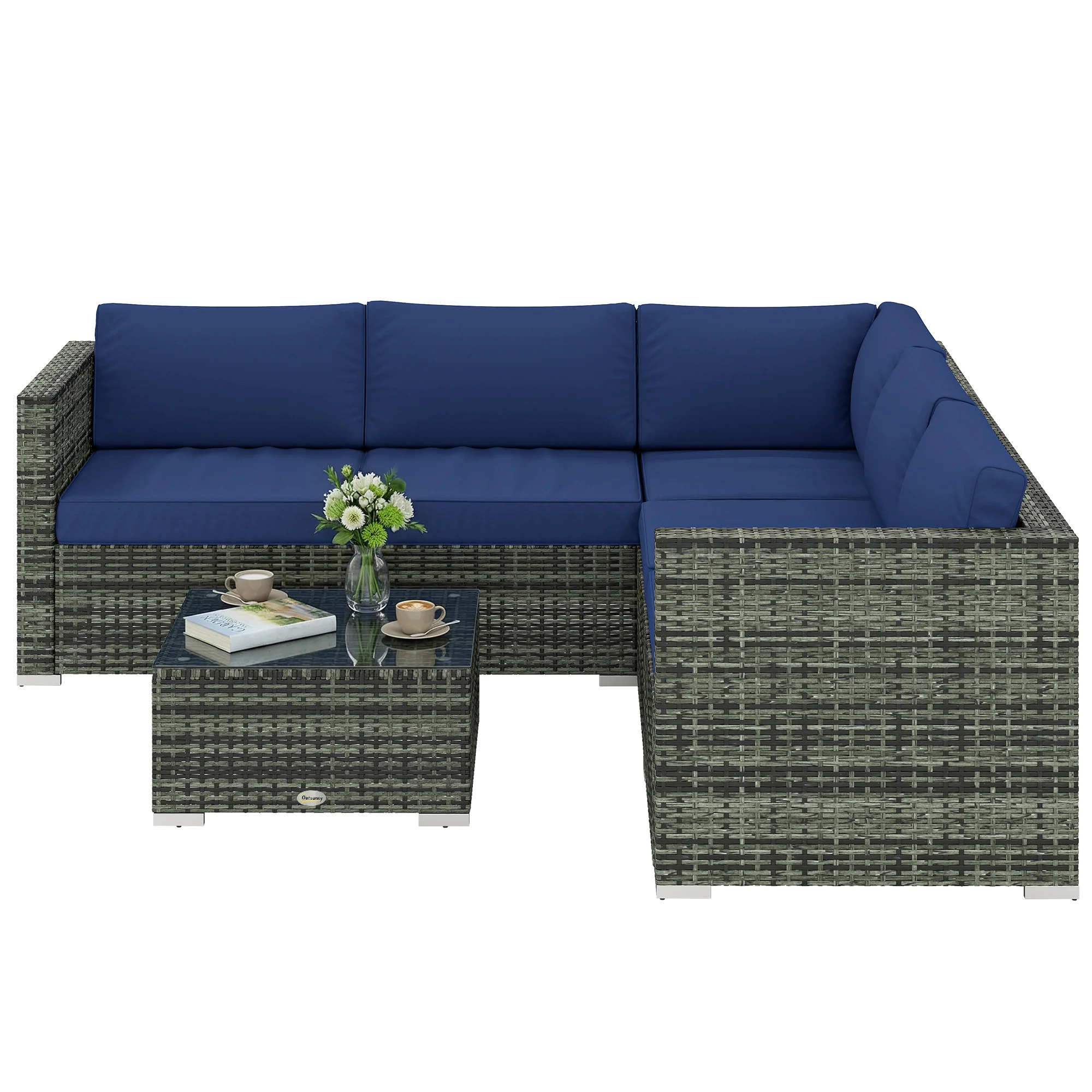 4 Piece Rattan Garden Furniture Set with Corner Sofa, Coffee Table & Cushions, Blue - Image 2