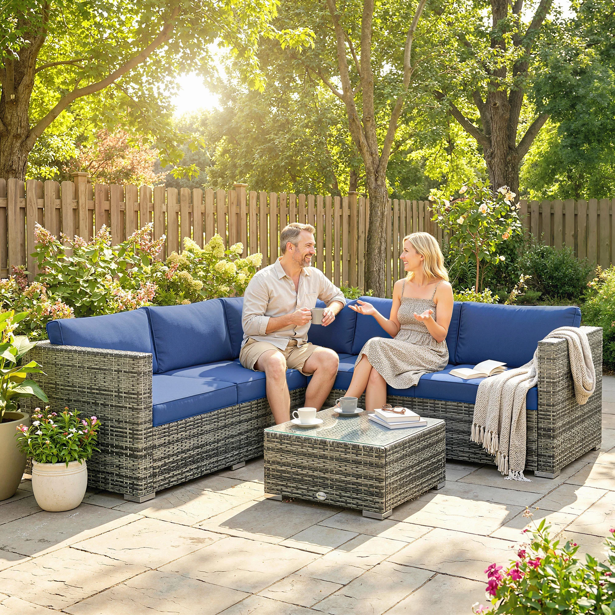 4 Piece Rattan Garden Furniture Set with Corner Sofa, Coffee Table & Cushions, Blue - Image 3