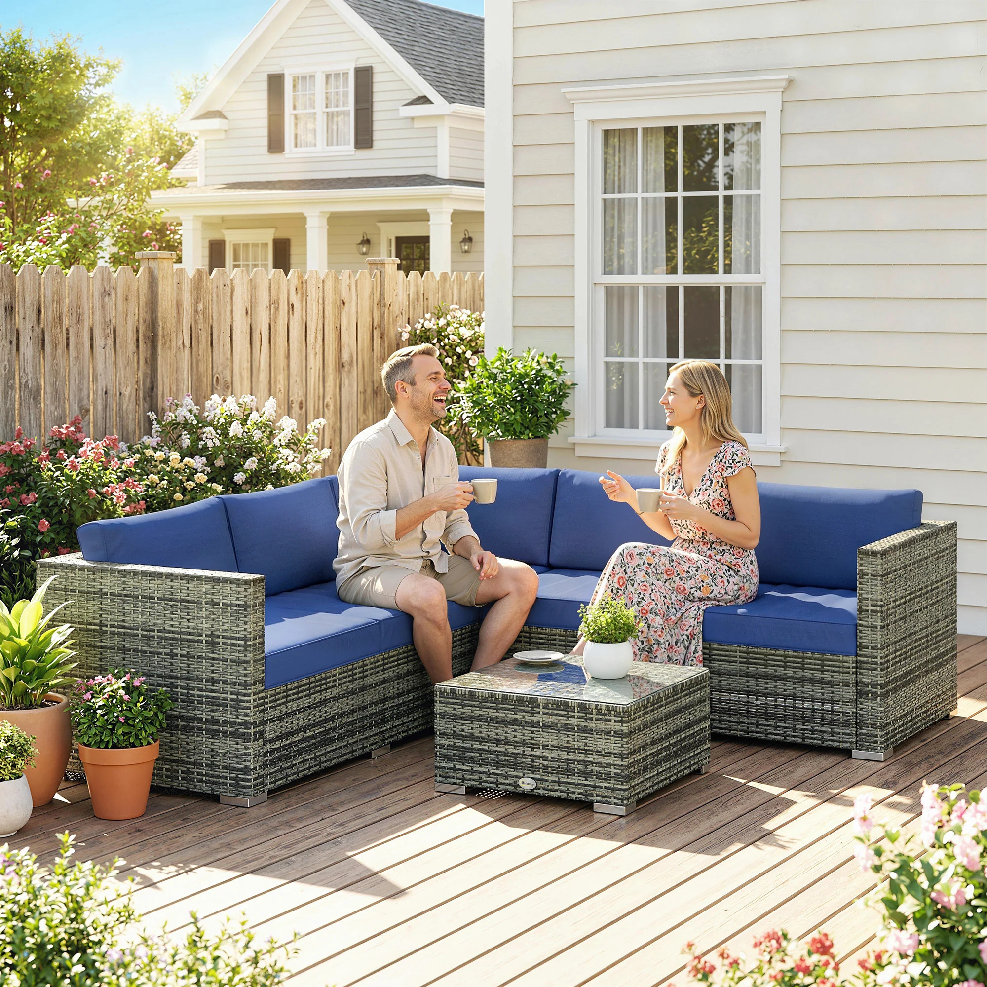 4 Piece Rattan Garden Furniture Set with Corner Sofa, Coffee Table & Cushions, Blue - Image 4