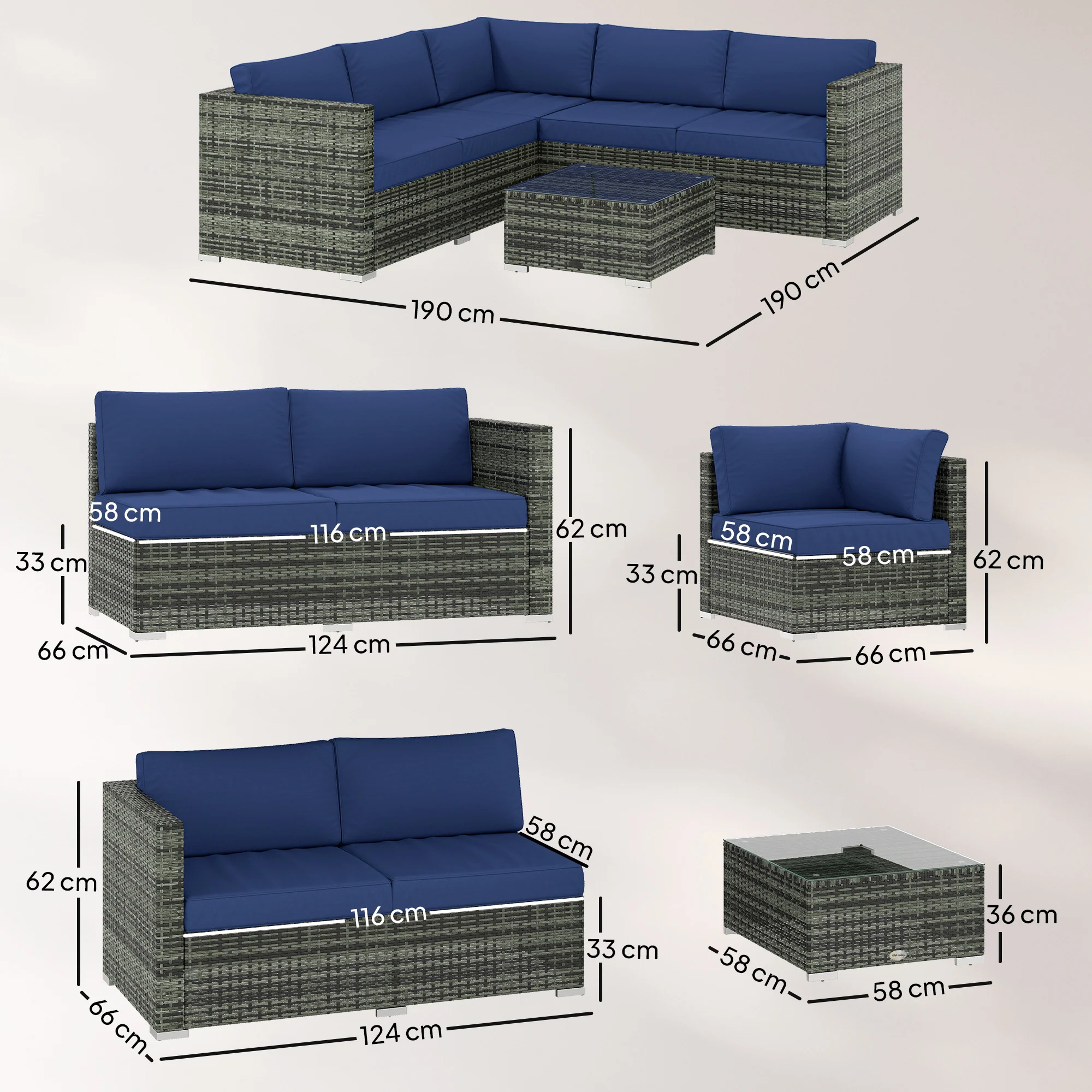 4 Piece Rattan Garden Furniture Set with Corner Sofa, Coffee Table & Cushions, Blue - Image 5