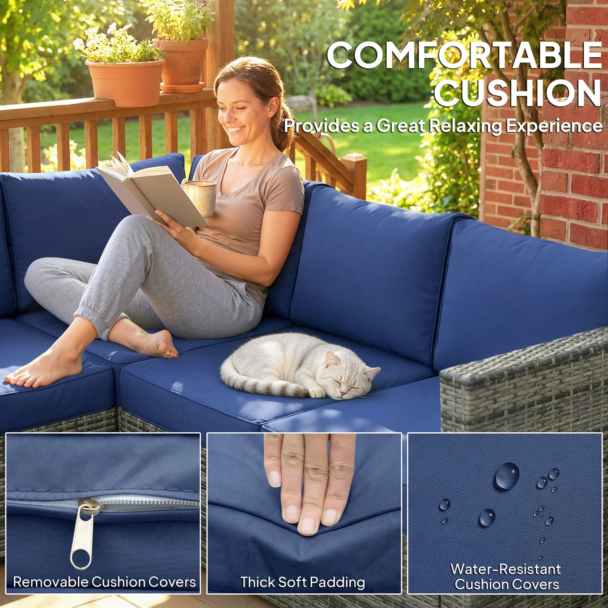 4 Piece Rattan Garden Furniture Set with Corner Sofa, Coffee Table & Cushions, Blue - Image 7