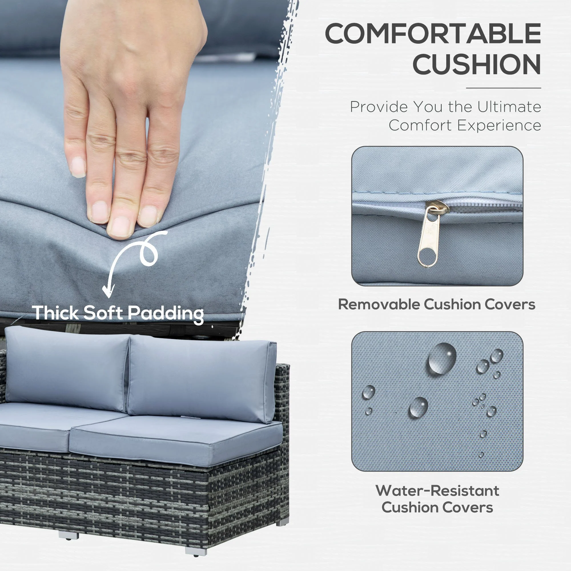 4 Pieces Rattan Garden Corner Sofa Set with Coffee Table & Cushions, Grey - Image 7