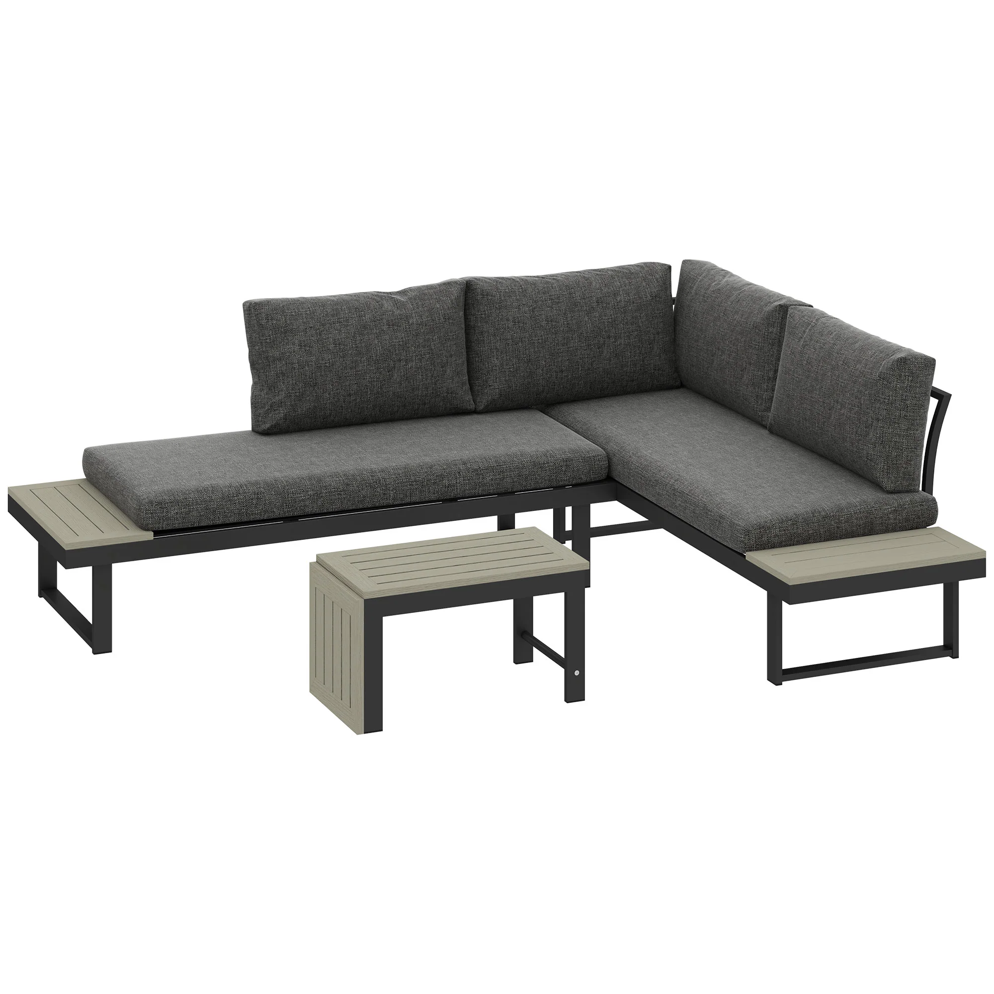 FlexNook Aluminium Corner Sofa Set with 2 Loveseats, Coffee Table & Removable Backs, Dark Grey