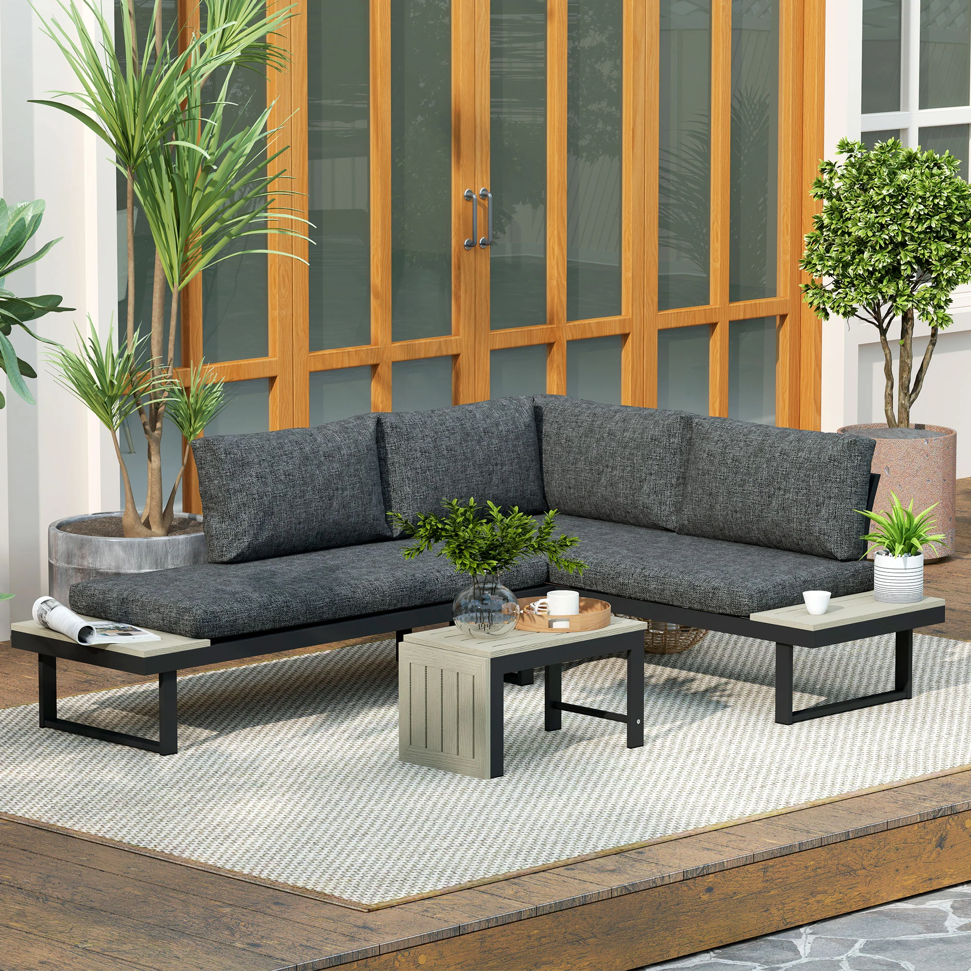 FlexNook Aluminium Corner Sofa Set with 2 Loveseats, Coffee Table & Removable Backs, Dark Grey - Image 11