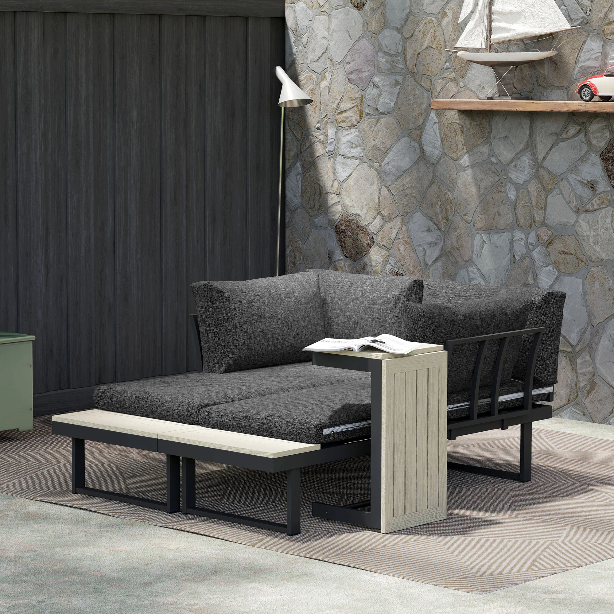 FlexNook Aluminium Corner Sofa Set with 2 Loveseats, Coffee Table & Removable Backs, Dark Grey - Image 4