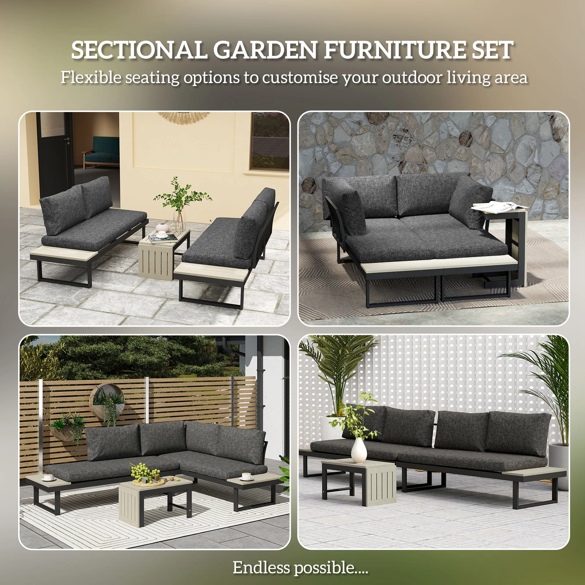 FlexNook Aluminium Corner Sofa Set with 2 Loveseats, Coffee Table & Removable Backs, Dark Grey - Image 6