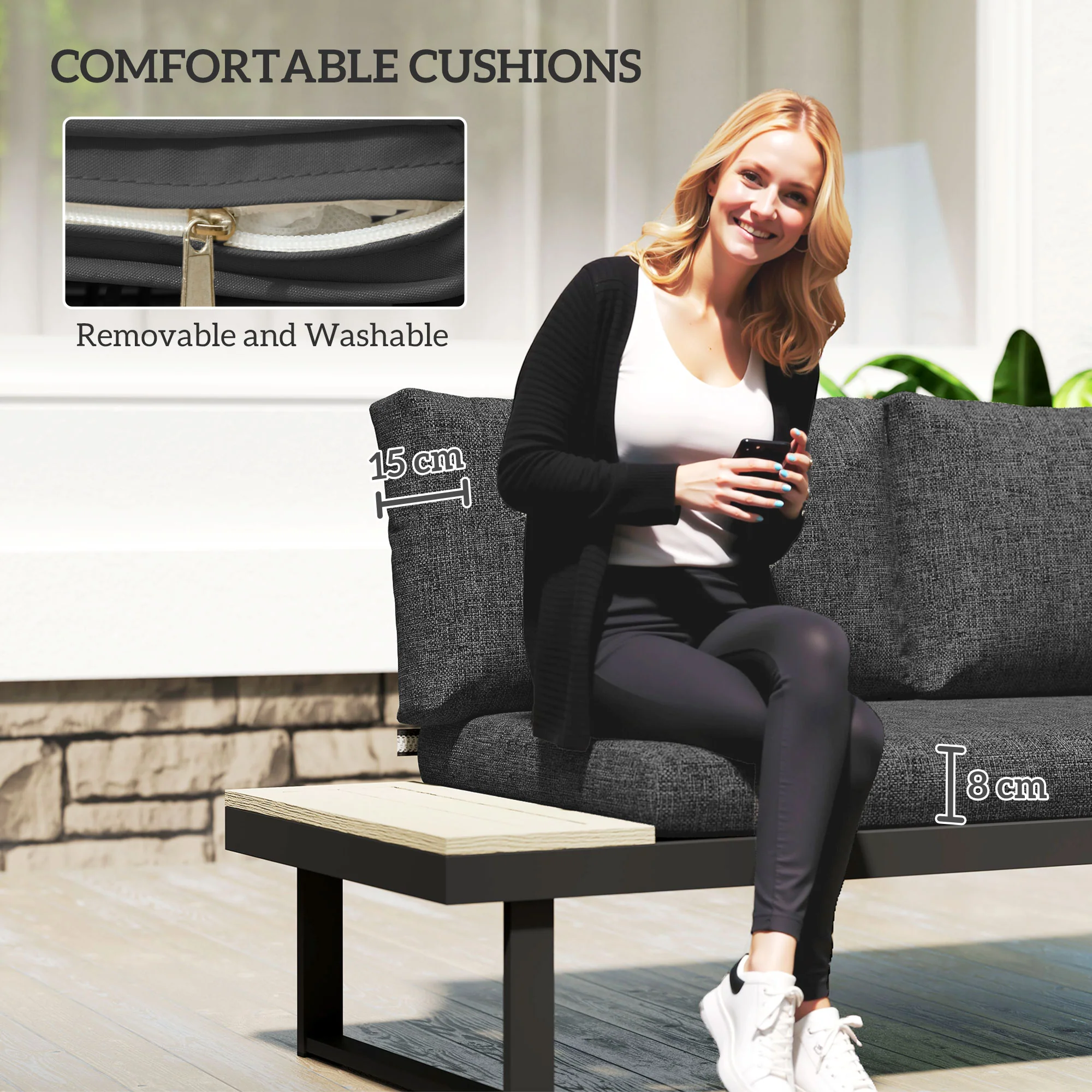 FlexNook Aluminium Corner Sofa Set with 2 Loveseats, Coffee Table & Removable Backs, Dark Grey - Image 9