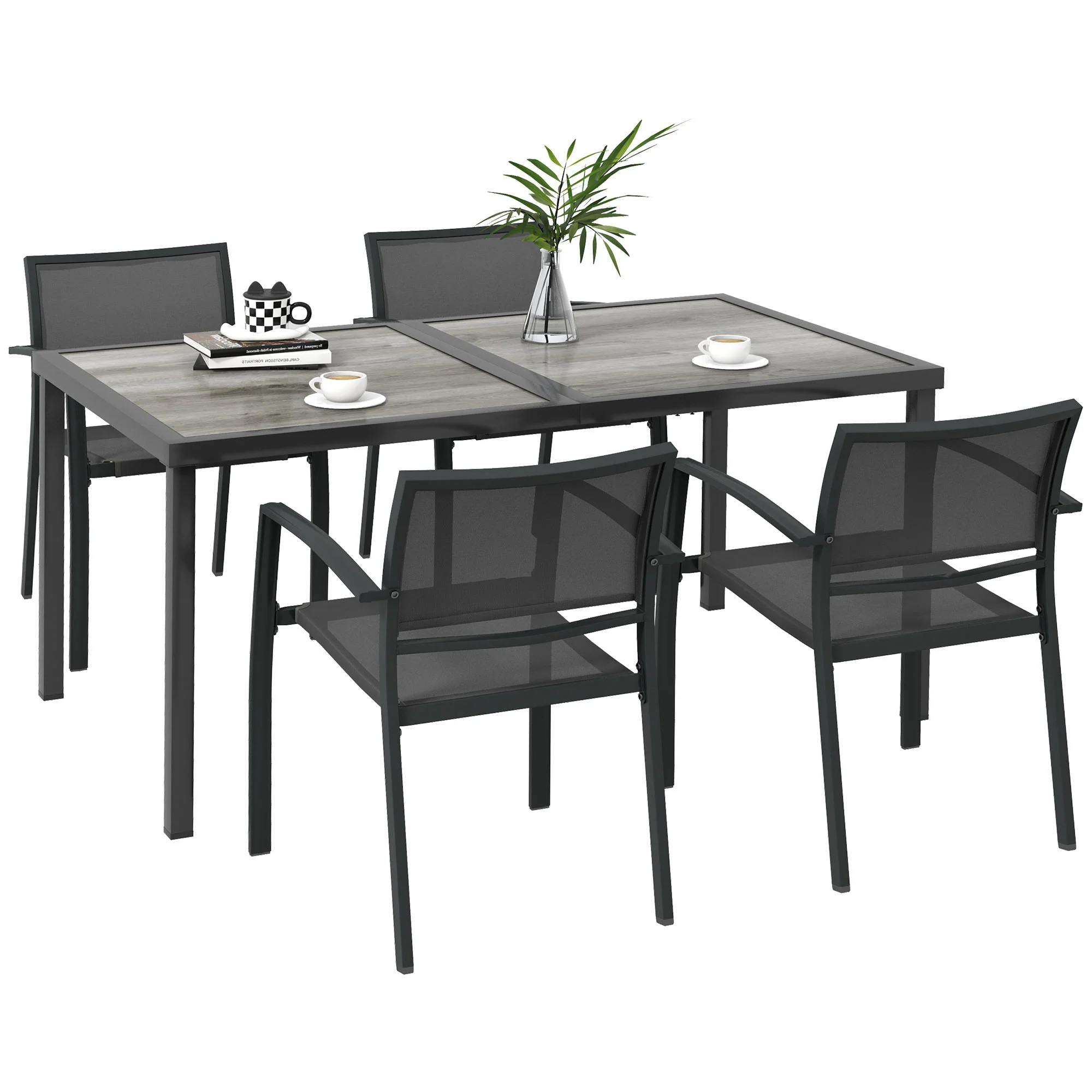 4 Seater Garden Dining Set with Stackable Armchairs, Grey