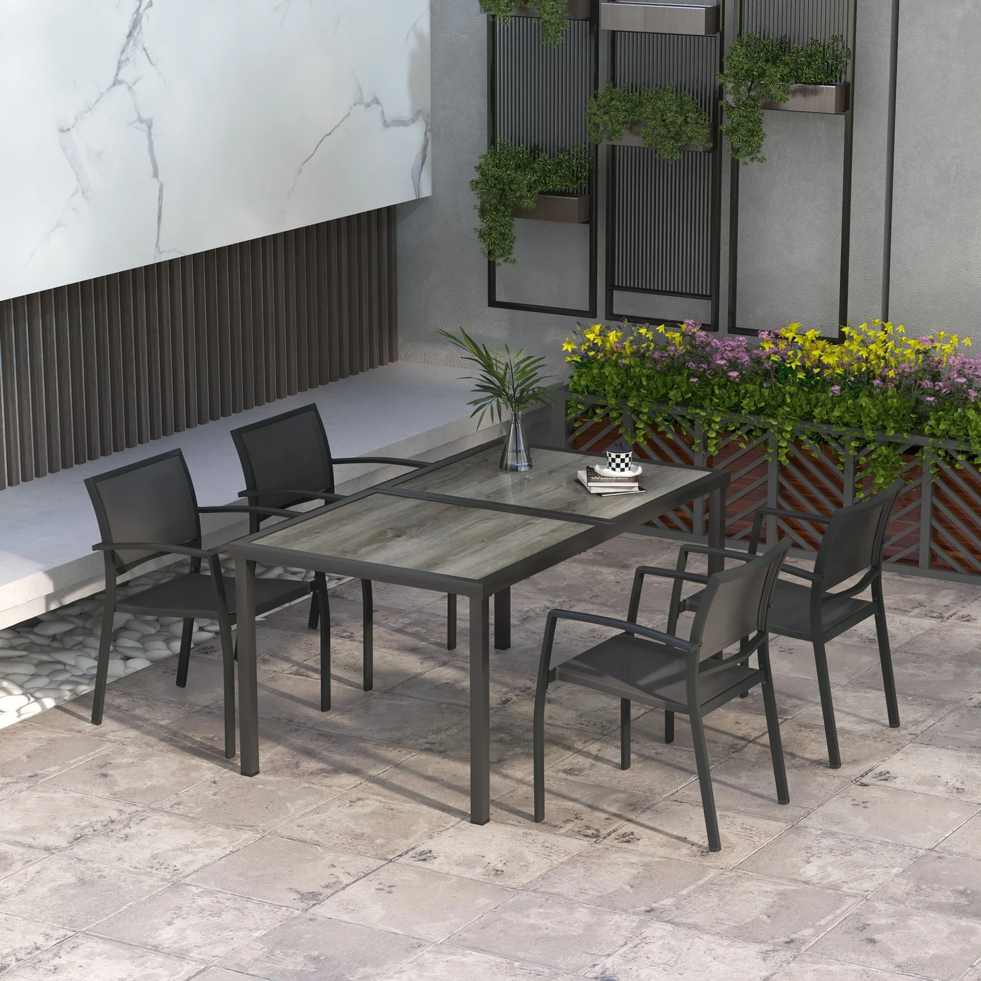 4 Seater Garden Dining Set with Stackable Armchairs, Grey - Image 3