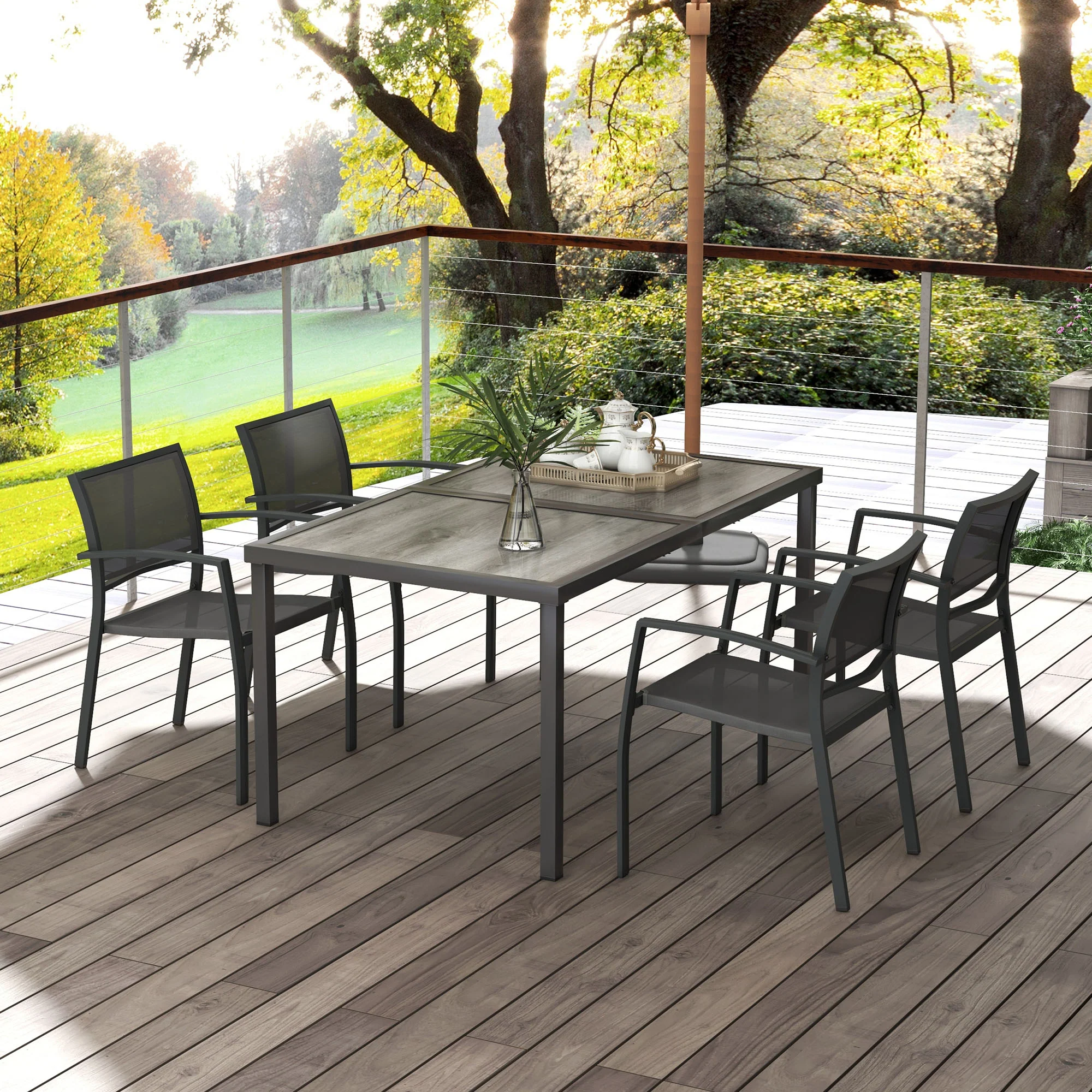 4 Seater Garden Dining Set with Stackable Armchairs, Grey - Image 4