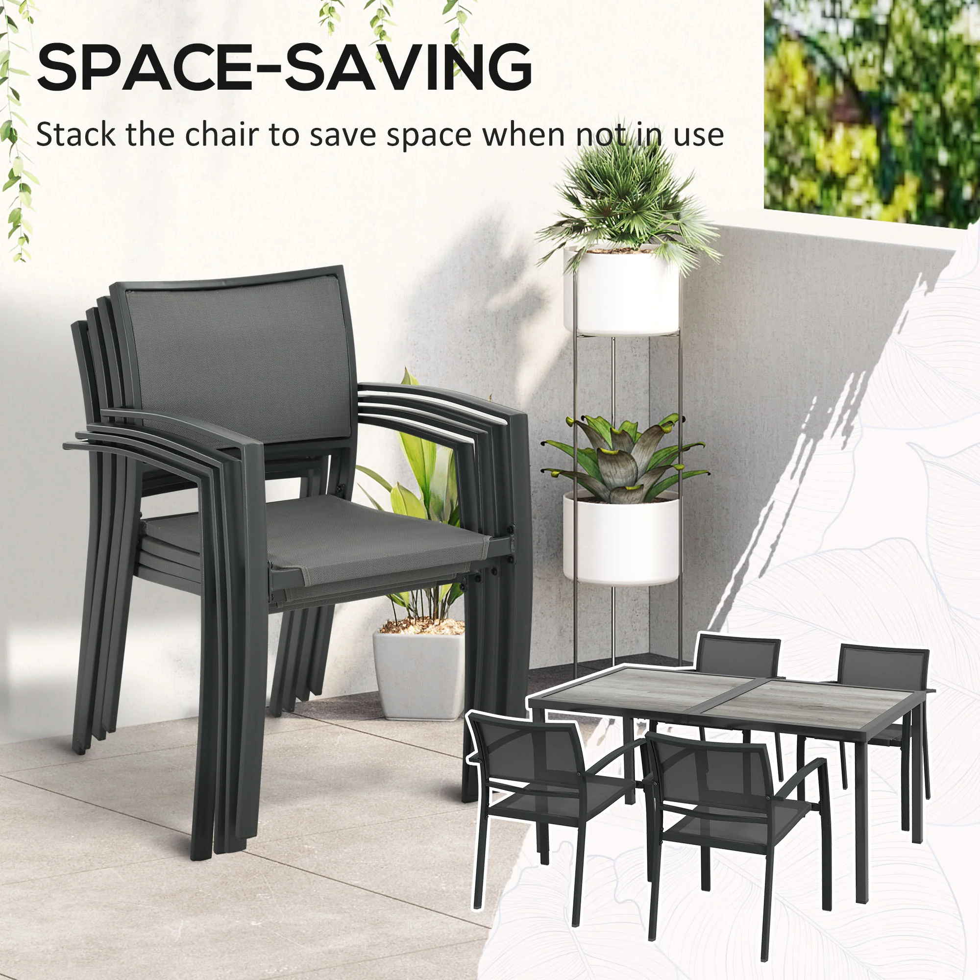 4 Seater Garden Dining Set with Stackable Armchairs, Grey - Image 6