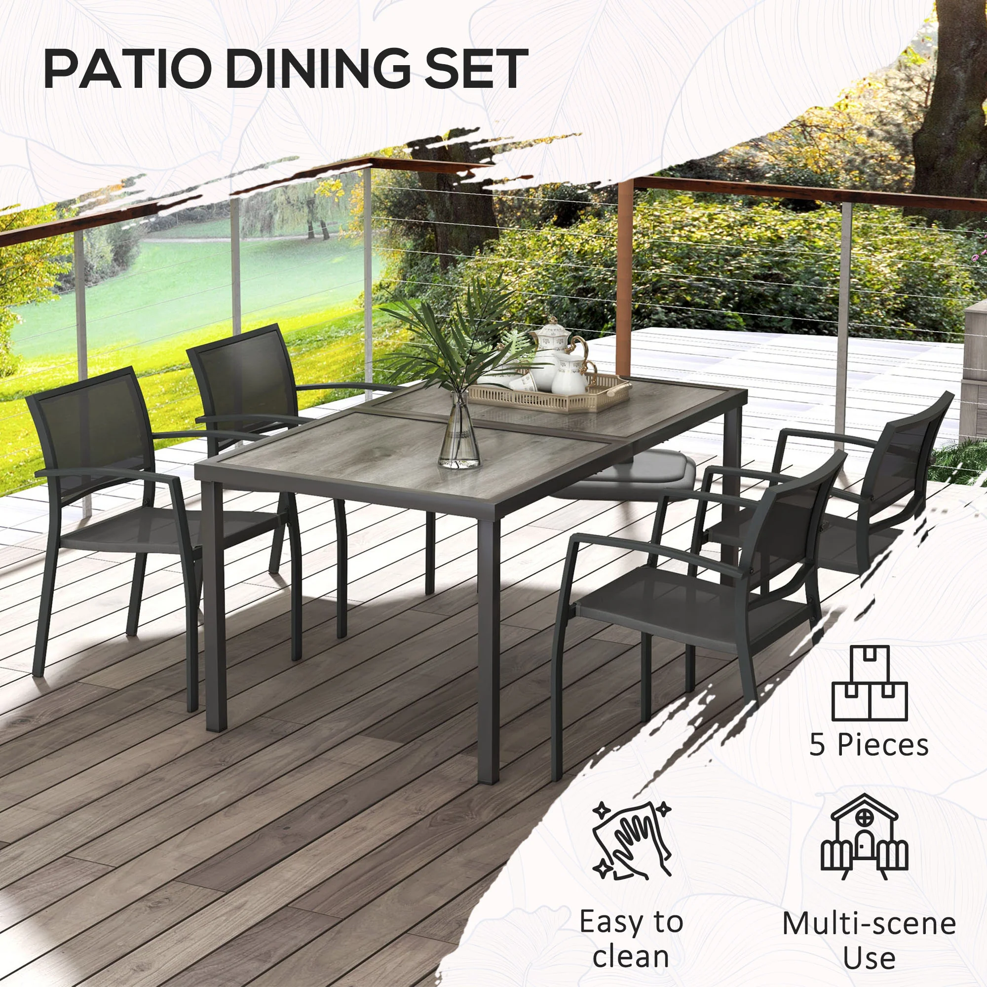 4 Seater Garden Dining Set with Stackable Armchairs, Grey - Image 8