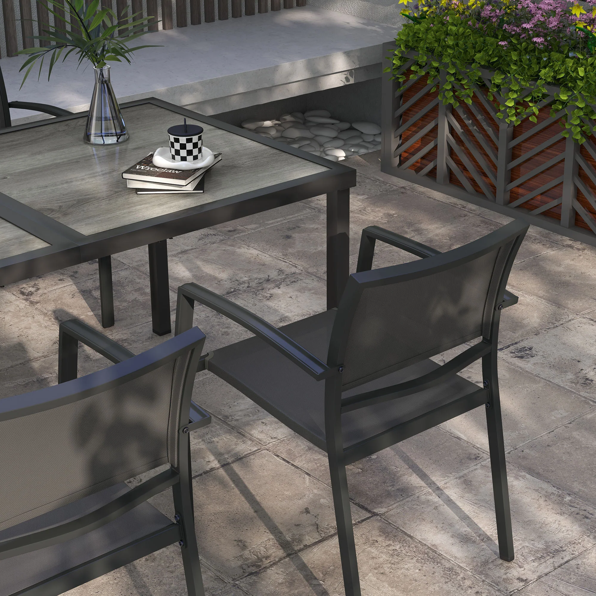 4 Seater Garden Dining Set with Stackable Armchairs, Grey - Image 9