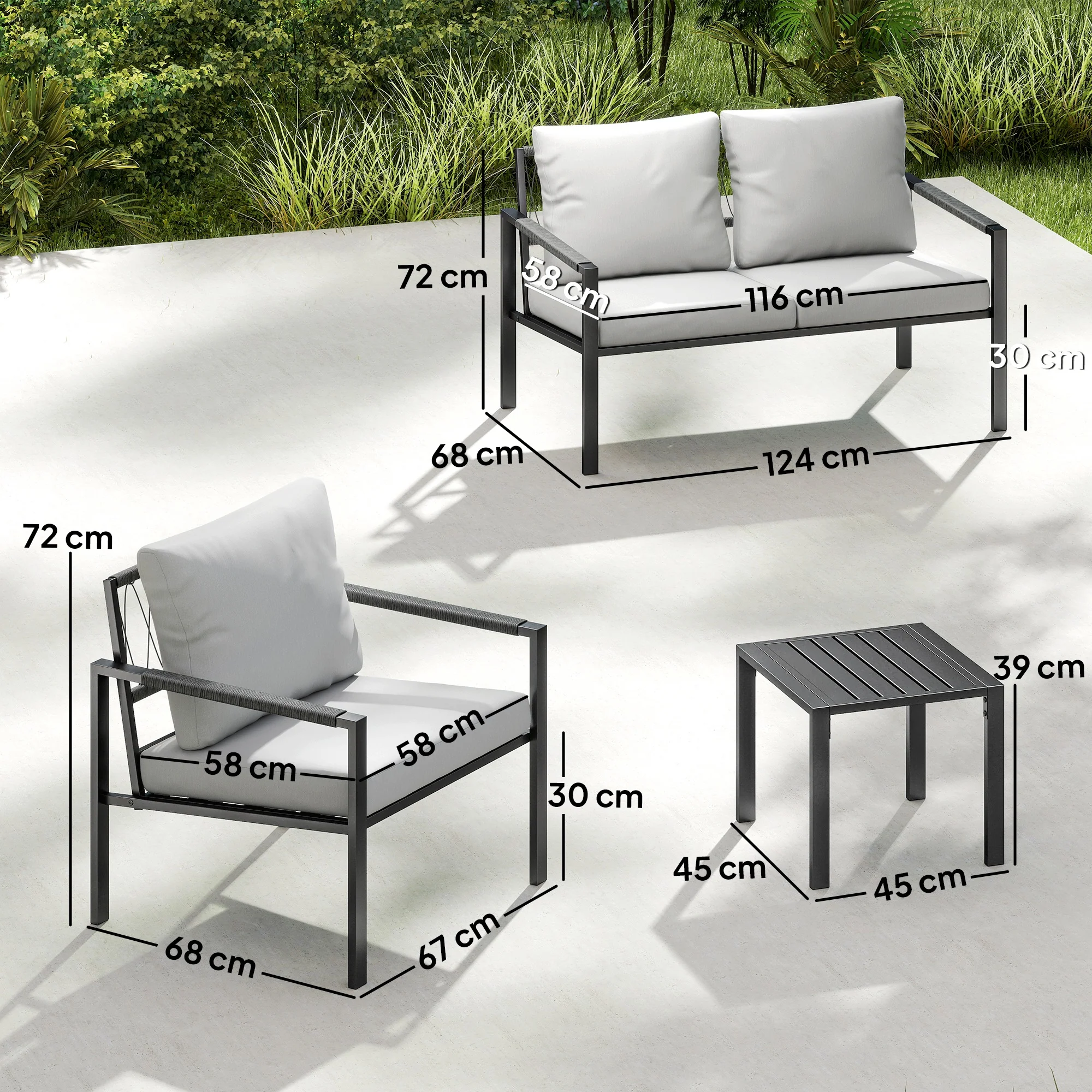 5 Piece Metal Garden Sofa Set with Loveseat, Armchairs & Tables, Light Grey - Image 5