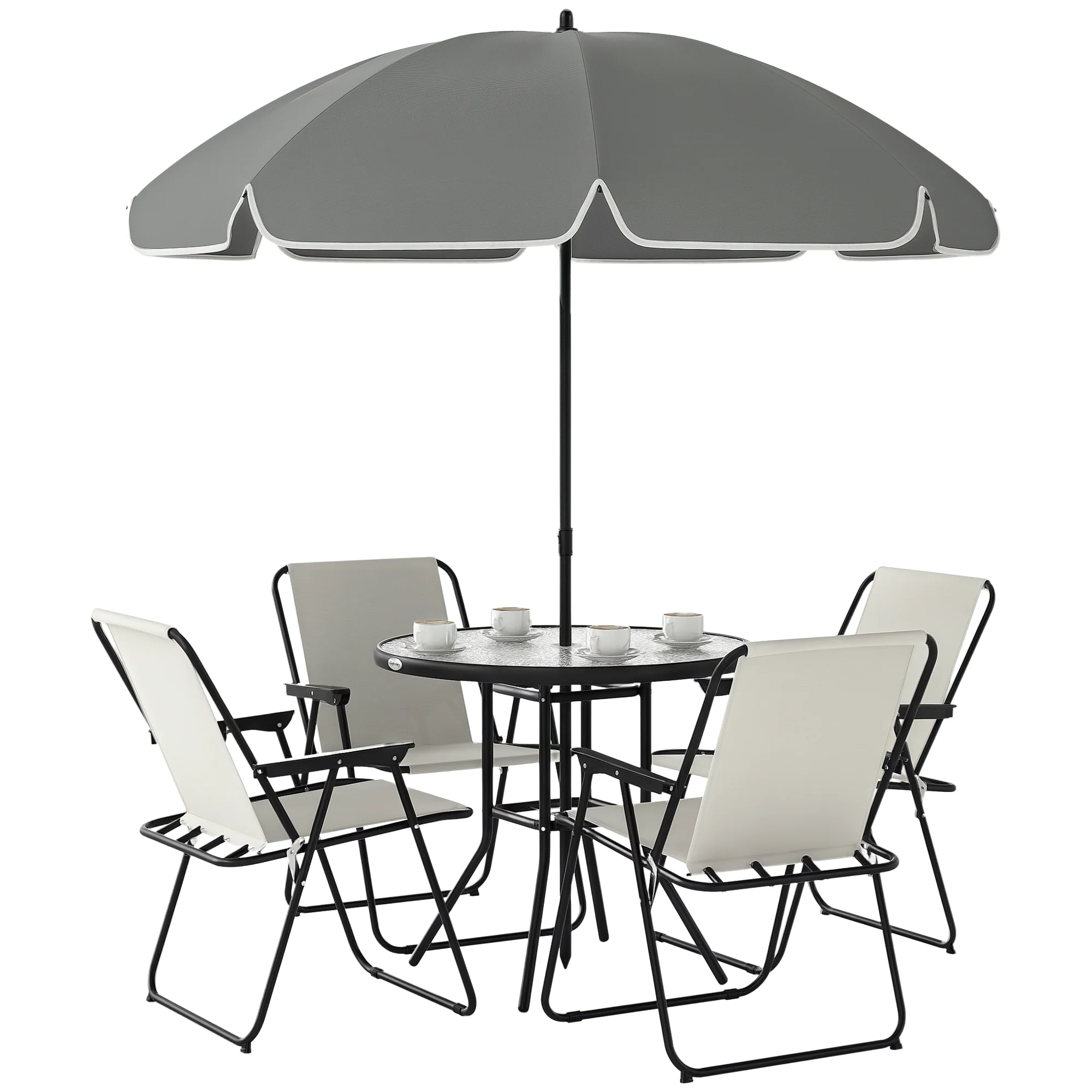 6 Piece Garden Dining Set with Parasol, Folding Chairs & Round Table, Cream White