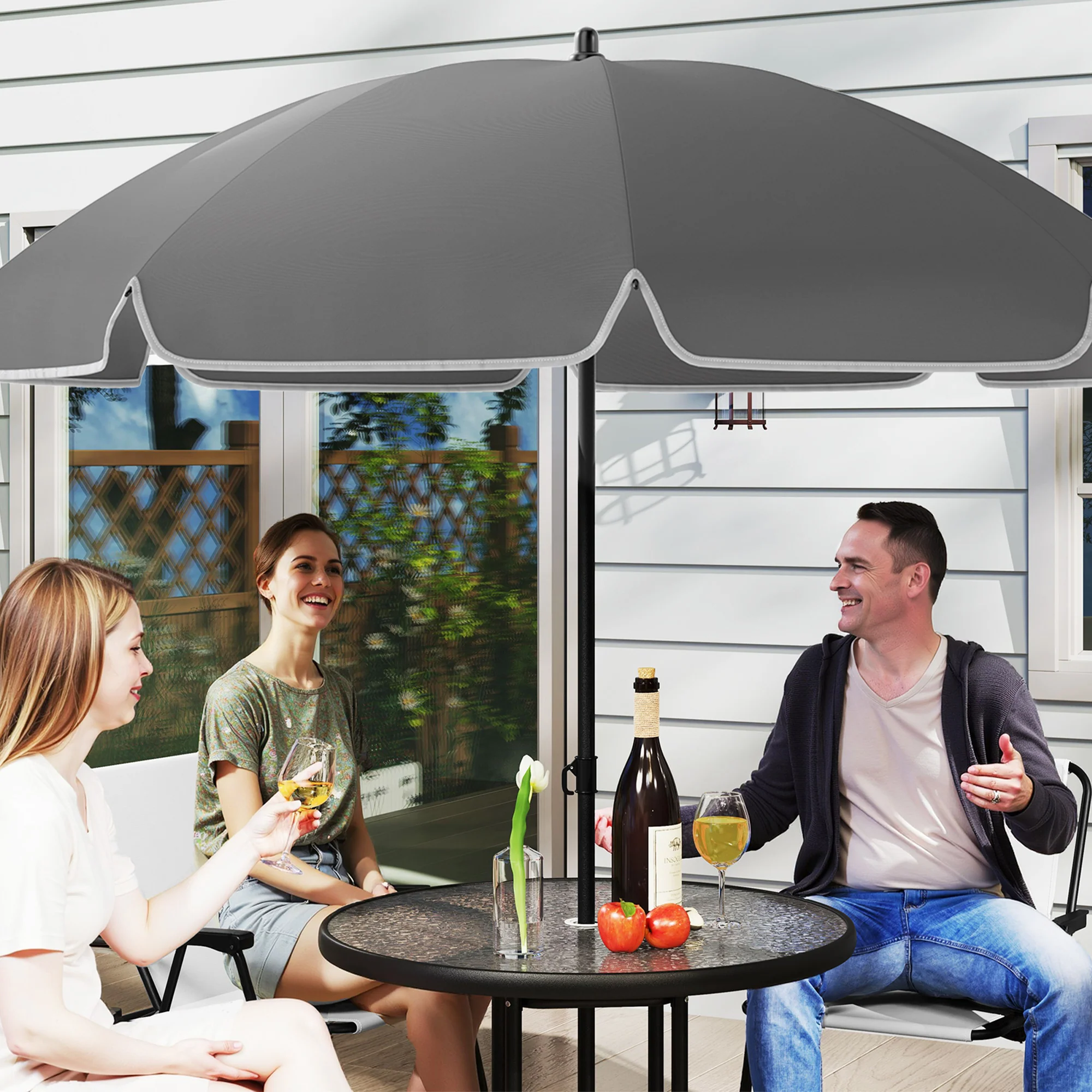 6 Piece Garden Dining Set with Parasol, Folding Chairs & Round Table, Cream White - Image 10