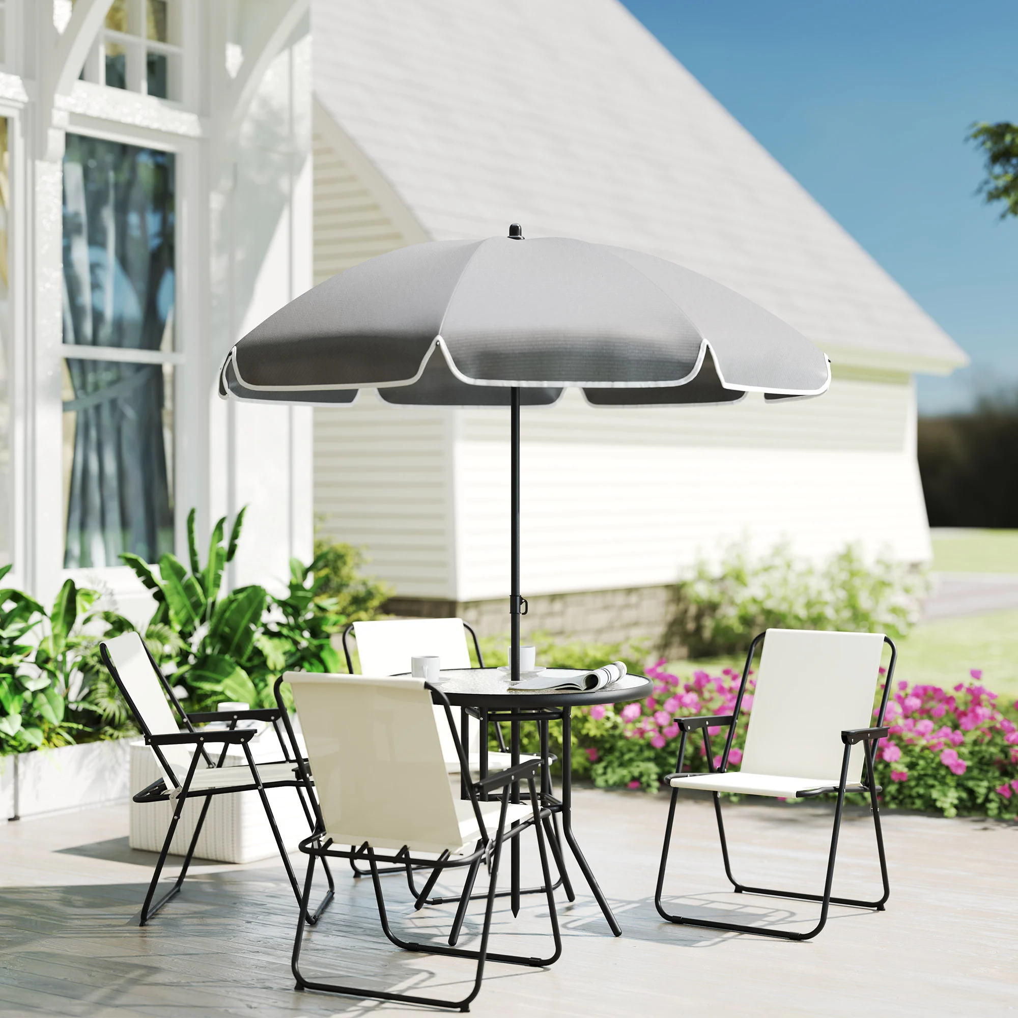 6 Piece Garden Dining Set with Parasol, Folding Chairs & Round Table, Cream White - Image 4