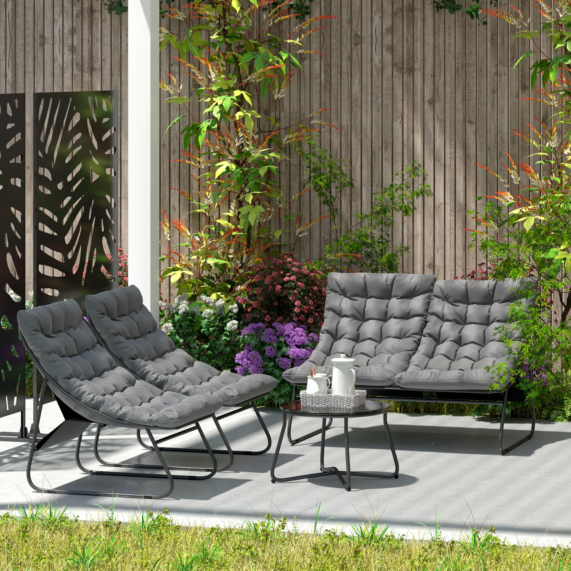 4 Seater Steel Outdoor Sofa Set with Chairs, Glass Coffee Table & Thick Cushions, Grey - Image 9