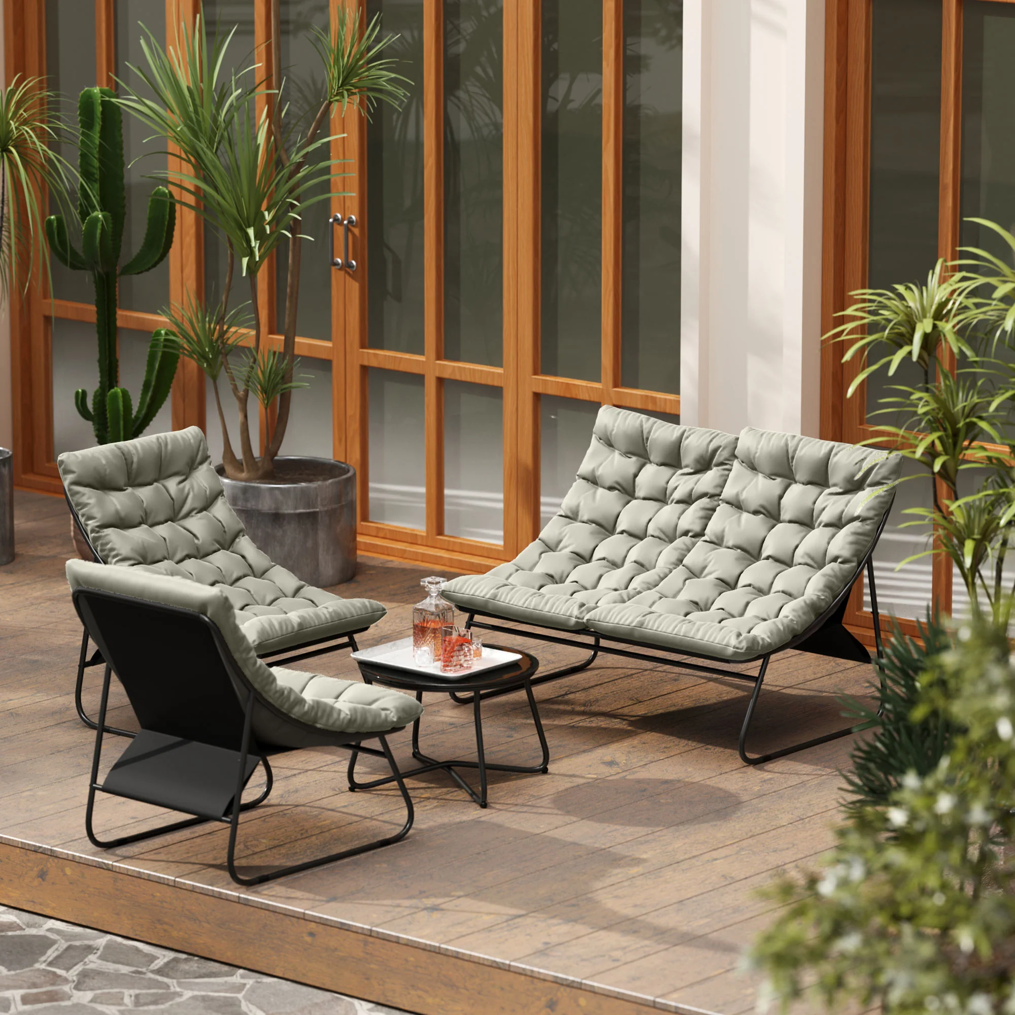 4 Seater Steel Outdoor Sofa Set with Chairs, Glass Coffee Table & Thick Cushions, Light Grey - Image 10