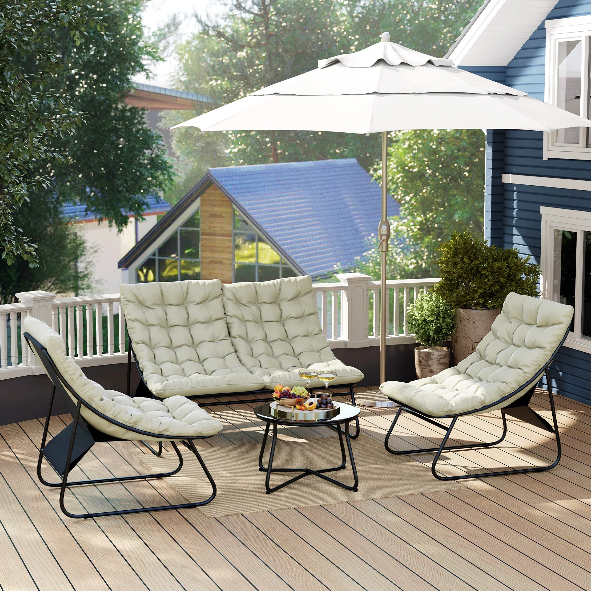 4 Seater Steel Outdoor Sofa Set with Chairs, Glass Coffee Table & Thick Cushions, Light Grey - Image 11