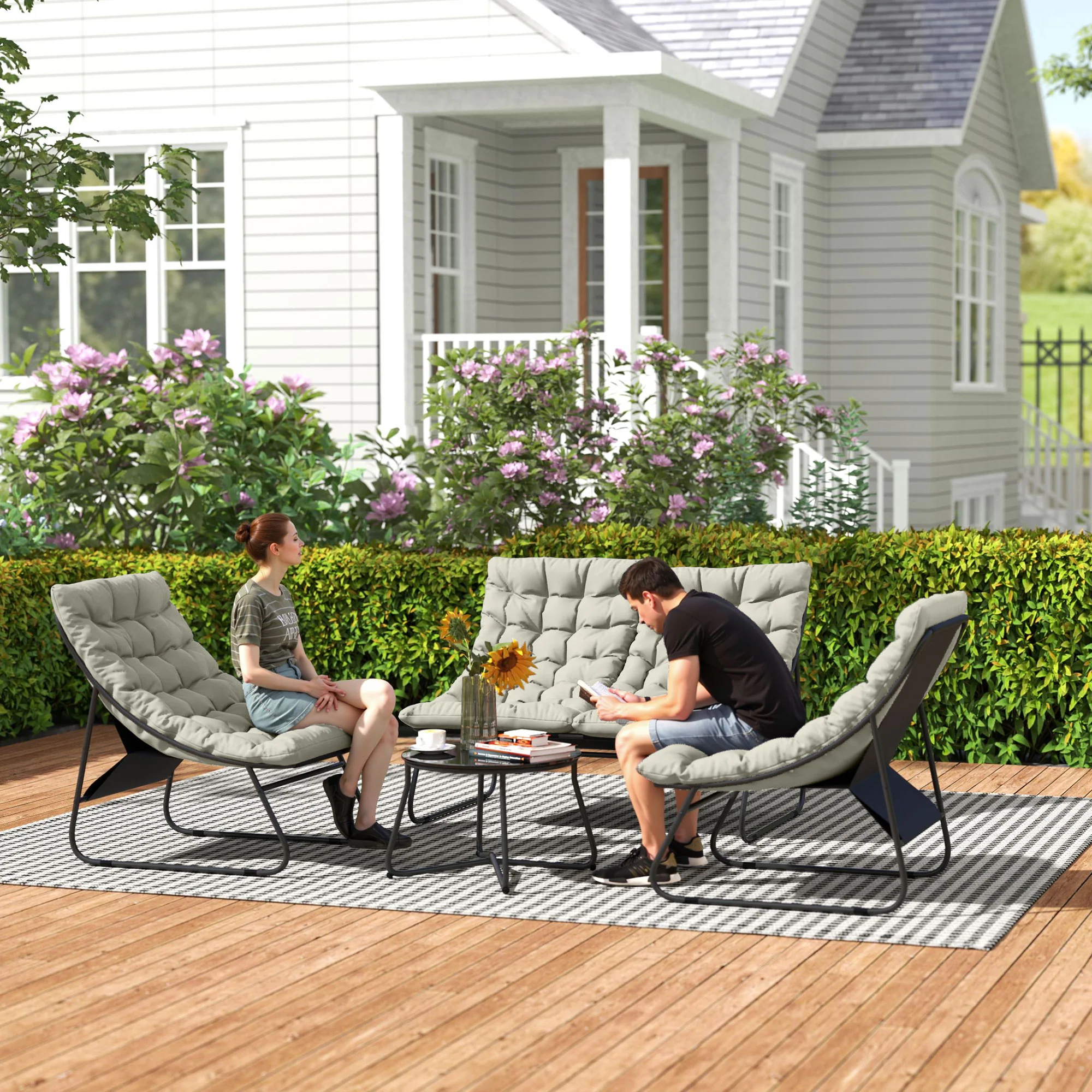 4 Seater Steel Outdoor Sofa Set with Chairs, Glass Coffee Table & Thick Cushions, Light Grey - Image 3