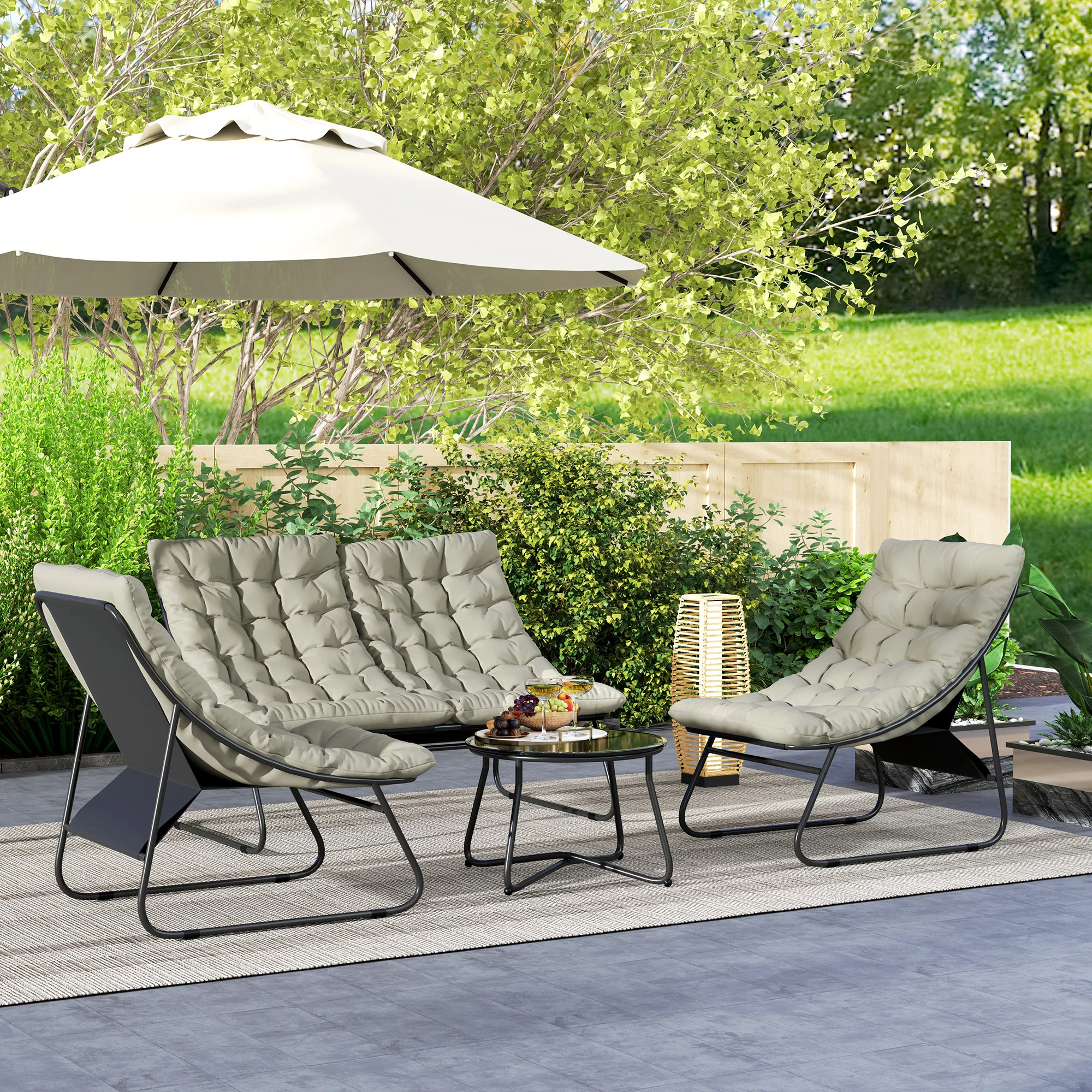 4 Seater Steel Outdoor Sofa Set with Chairs, Glass Coffee Table & Thick Cushions, Light Grey - Image 4