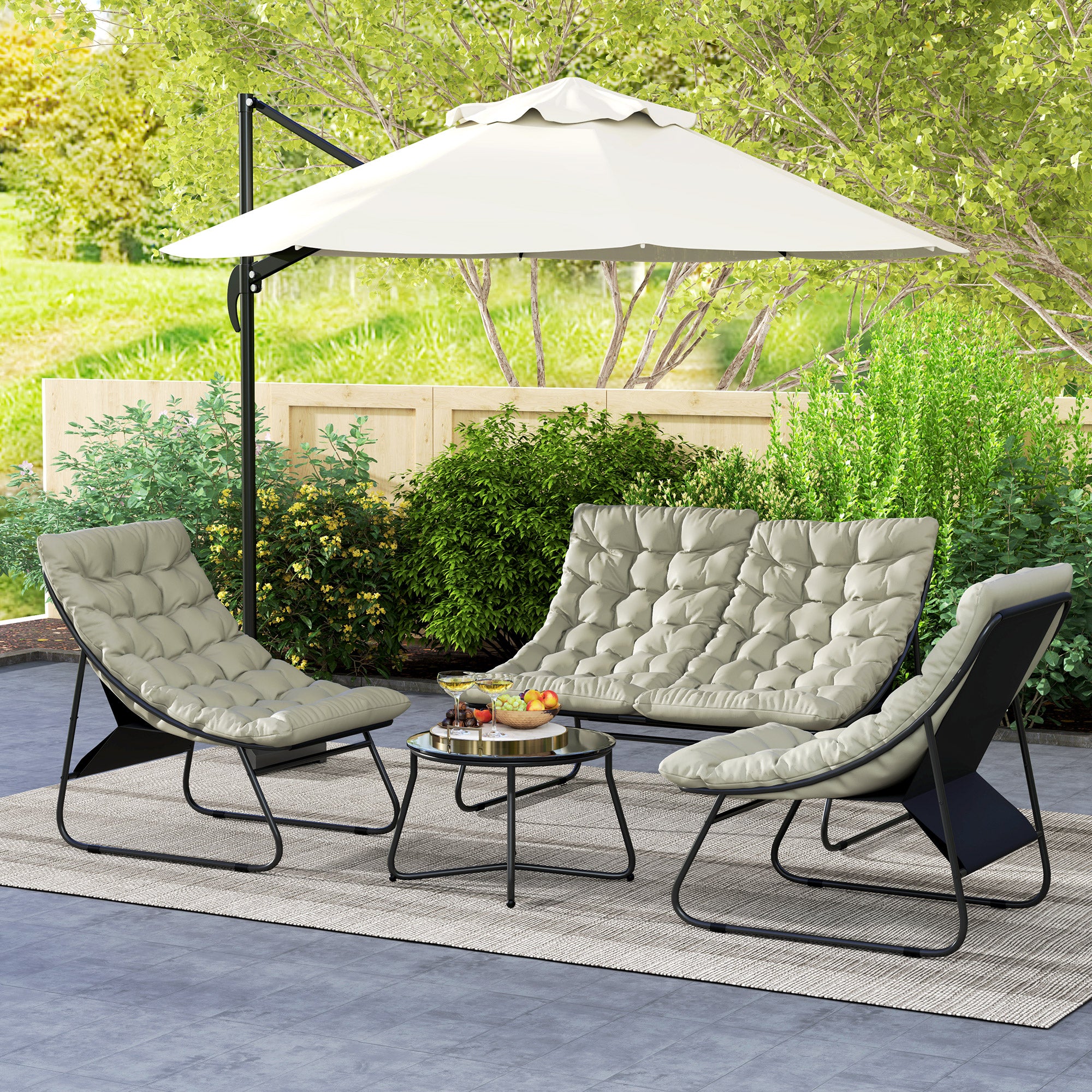4 Seater Steel Outdoor Sofa Set with Chairs, Glass Coffee Table & Thick Cushions, Light Grey - Image 9