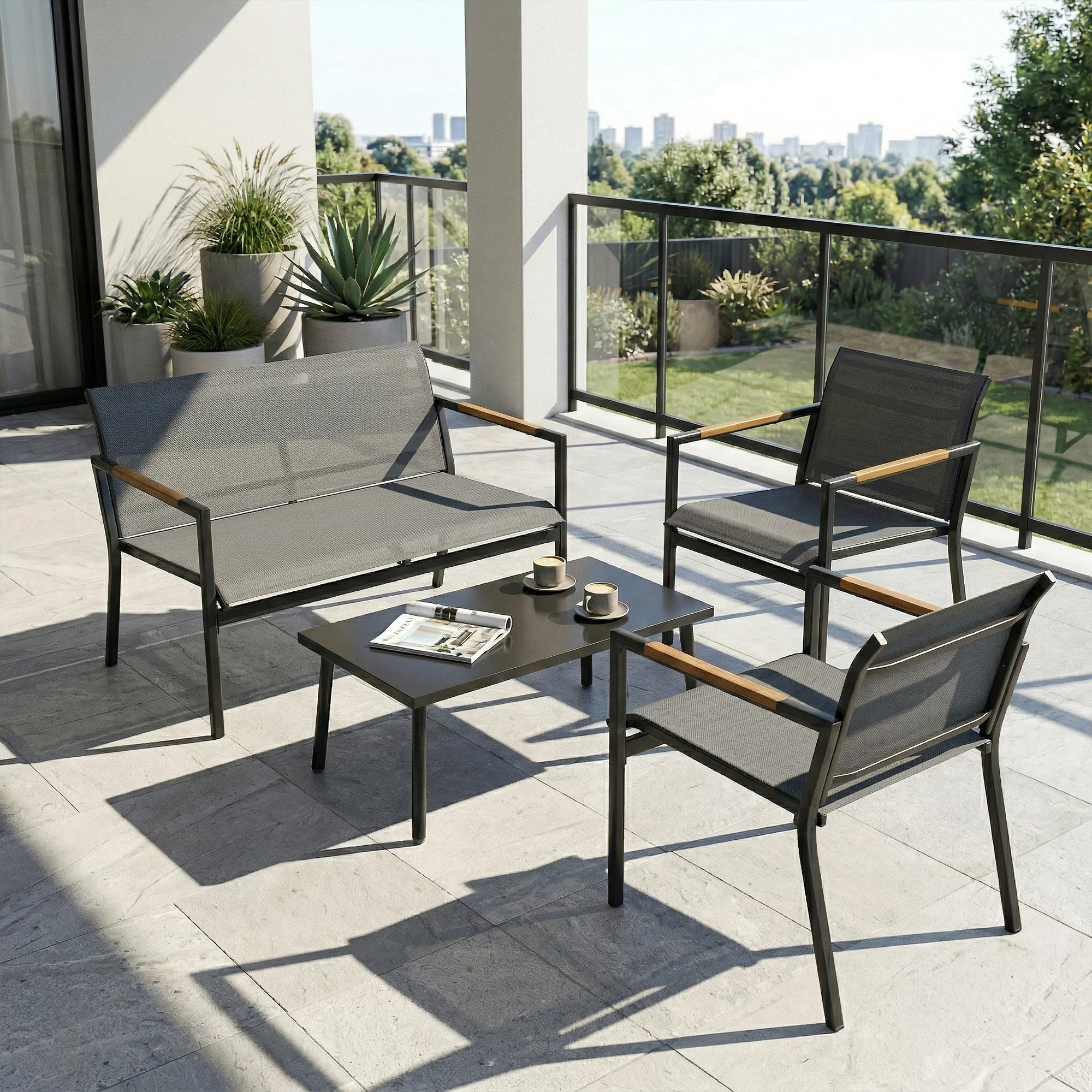 4-Seater Outdoor Sofa Set with Loveseat, 2 Armchairs & Metal Table, Mesh, Grey - Image 11