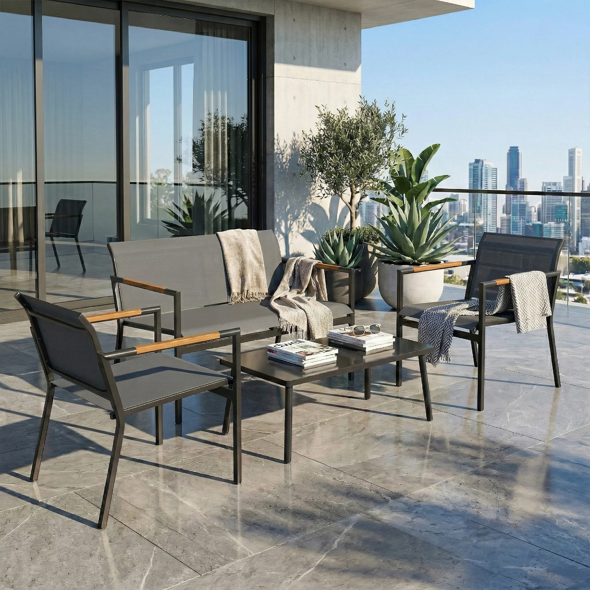 4-Seater Outdoor Sofa Set with Loveseat, 2 Armchairs & Metal Table, Mesh, Grey - Image 3