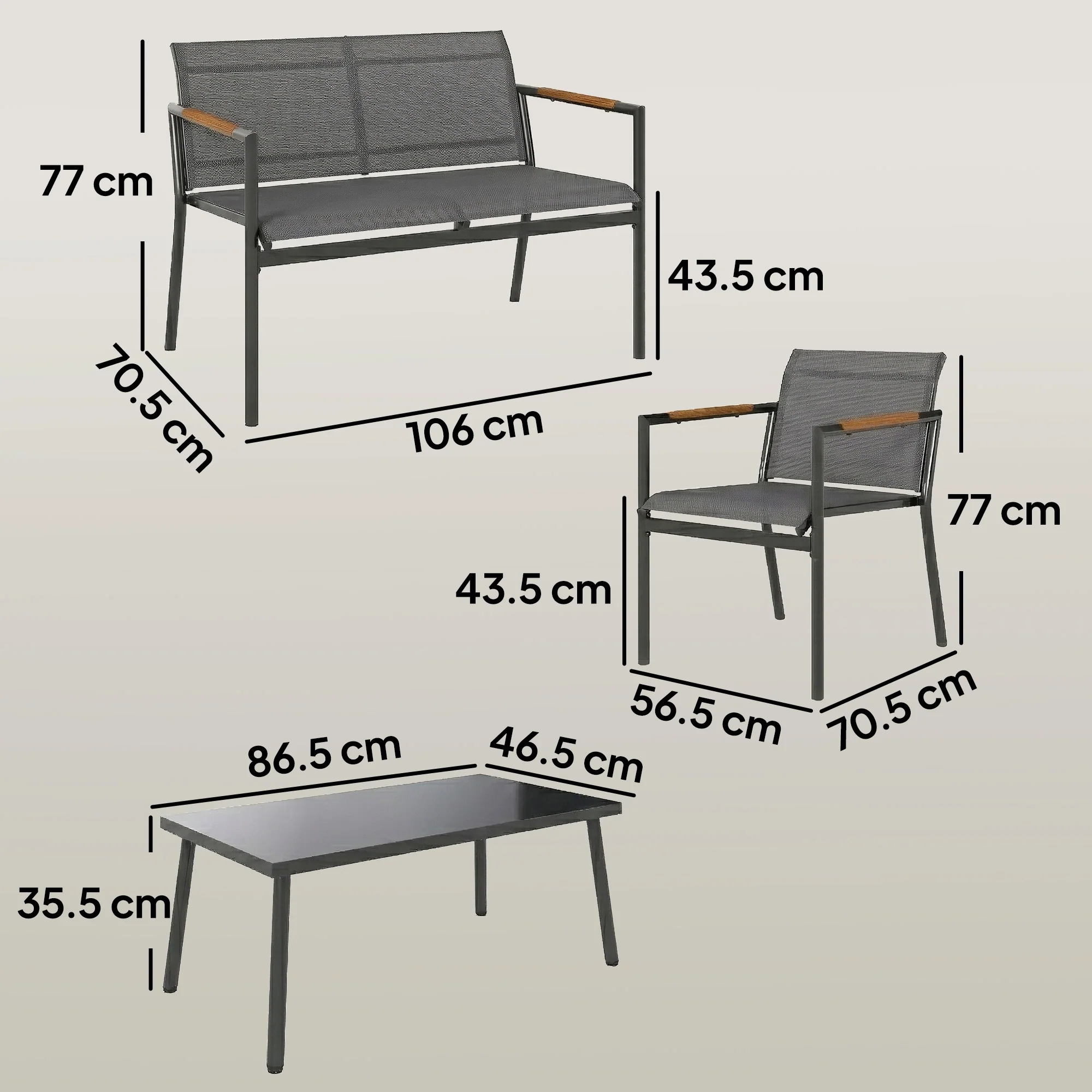 4-Seater Outdoor Sofa Set with Loveseat, 2 Armchairs & Metal Table, Mesh, Grey - Image 5