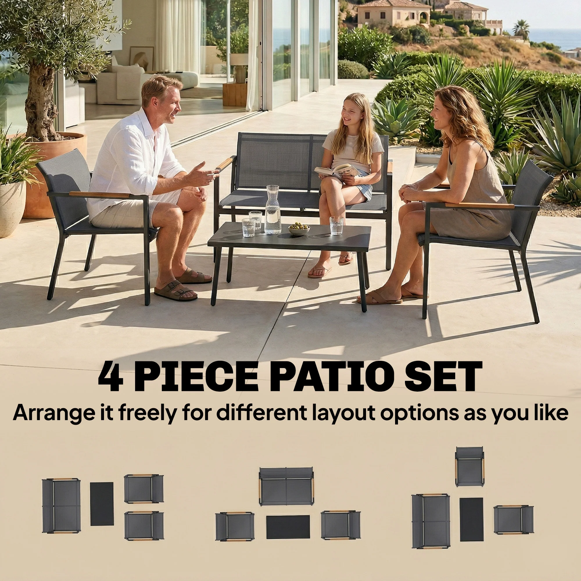 4-Seater Outdoor Sofa Set with Loveseat, 2 Armchairs & Metal Table, Mesh, Grey - Image 6