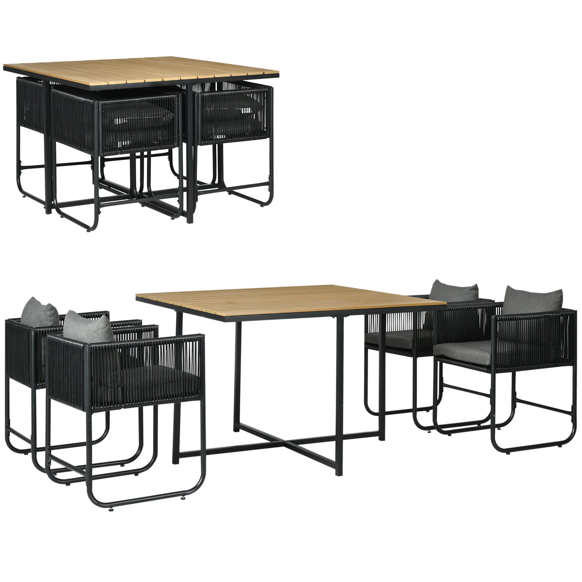 4 Seater Rattan Garden Furniture Set with Armchairs, Cushions & Wood Grain Top Table, Black - Image 2