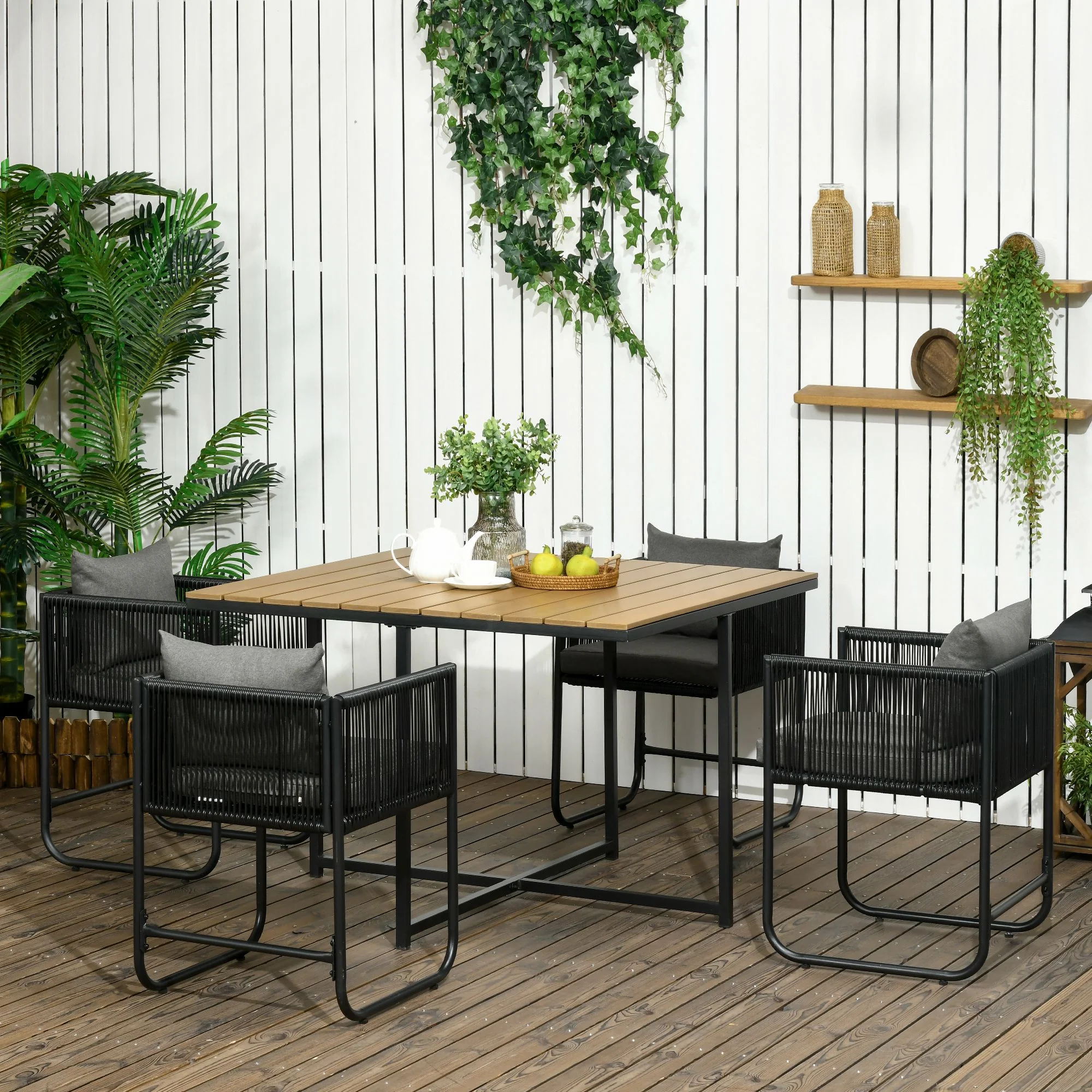 4 Seater Rattan Garden Furniture Set with Armchairs, Cushions & Wood Grain Top Table, Black - Image 3