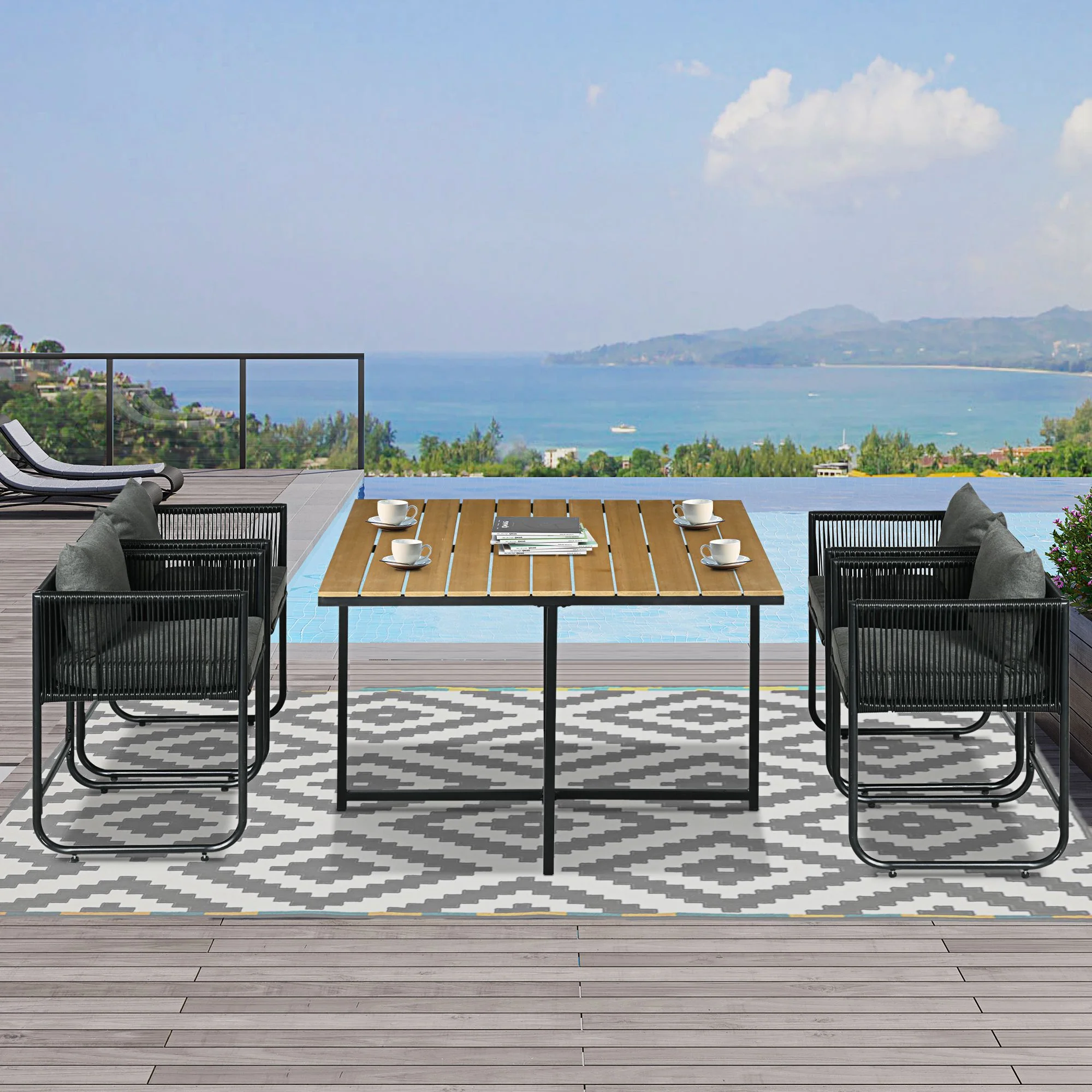 4 Seater Rattan Garden Furniture Set with Armchairs, Cushions & Wood Grain Top Table, Black - Image 4