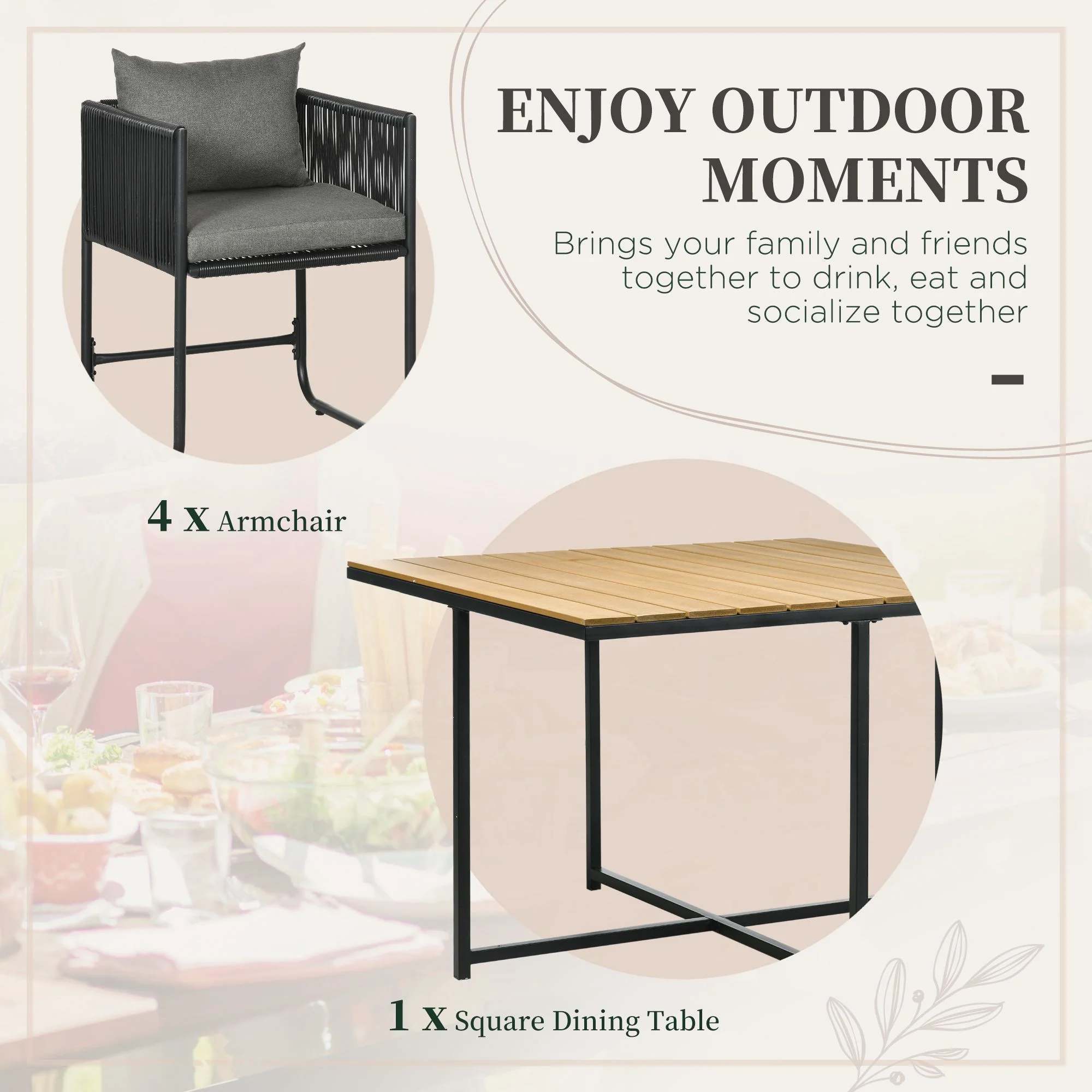 4 Seater Rattan Garden Furniture Set with Armchairs, Cushions & Wood Grain Top Table, Black - Image 6