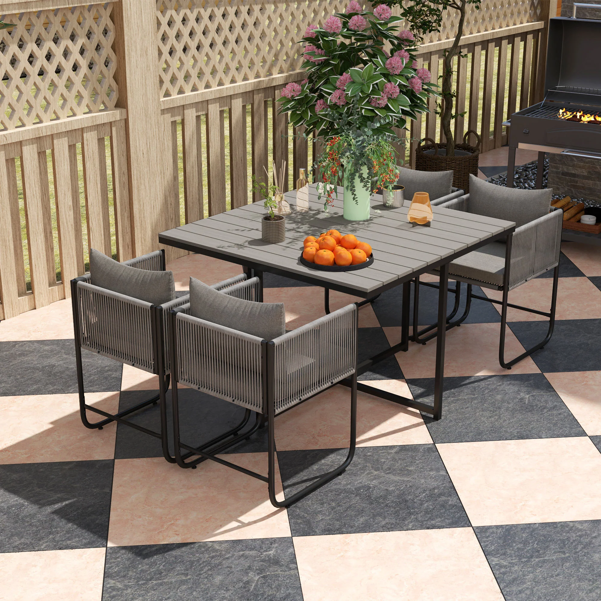 4 Seater Rattan Garden Furniture Set with Armchairs, Cushions & Wood Grain Top Table, Grey - Image 10