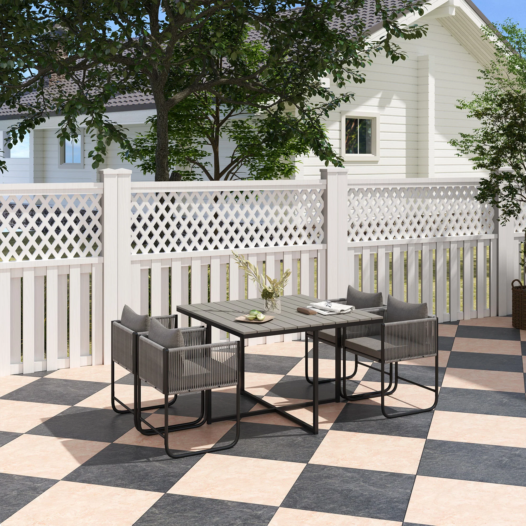 4 Seater Rattan Garden Furniture Set with Armchairs, Cushions & Wood Grain Top Table, Grey - Image 3